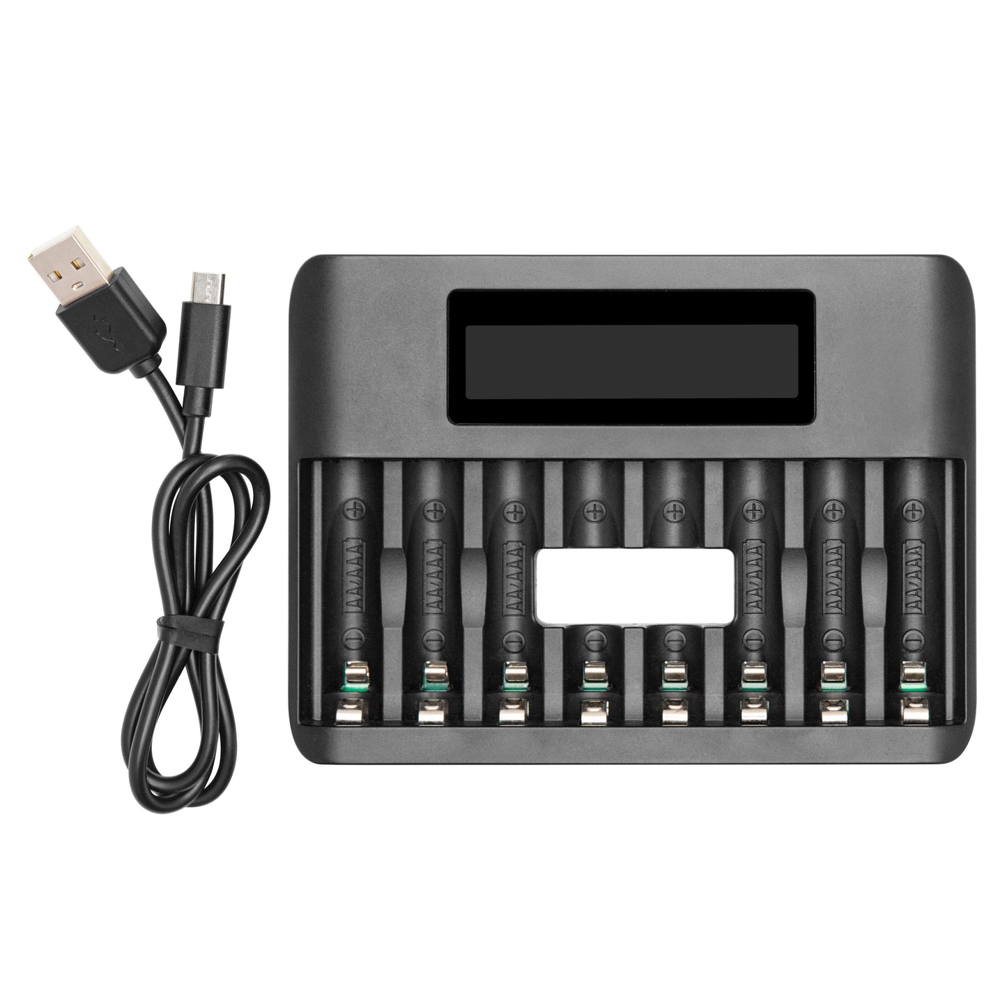 Luxorparts Multioplader 8 sort batterioplader med digitalt display, otte slots (syv med AA/AAA), USB-kabel med micro USB.