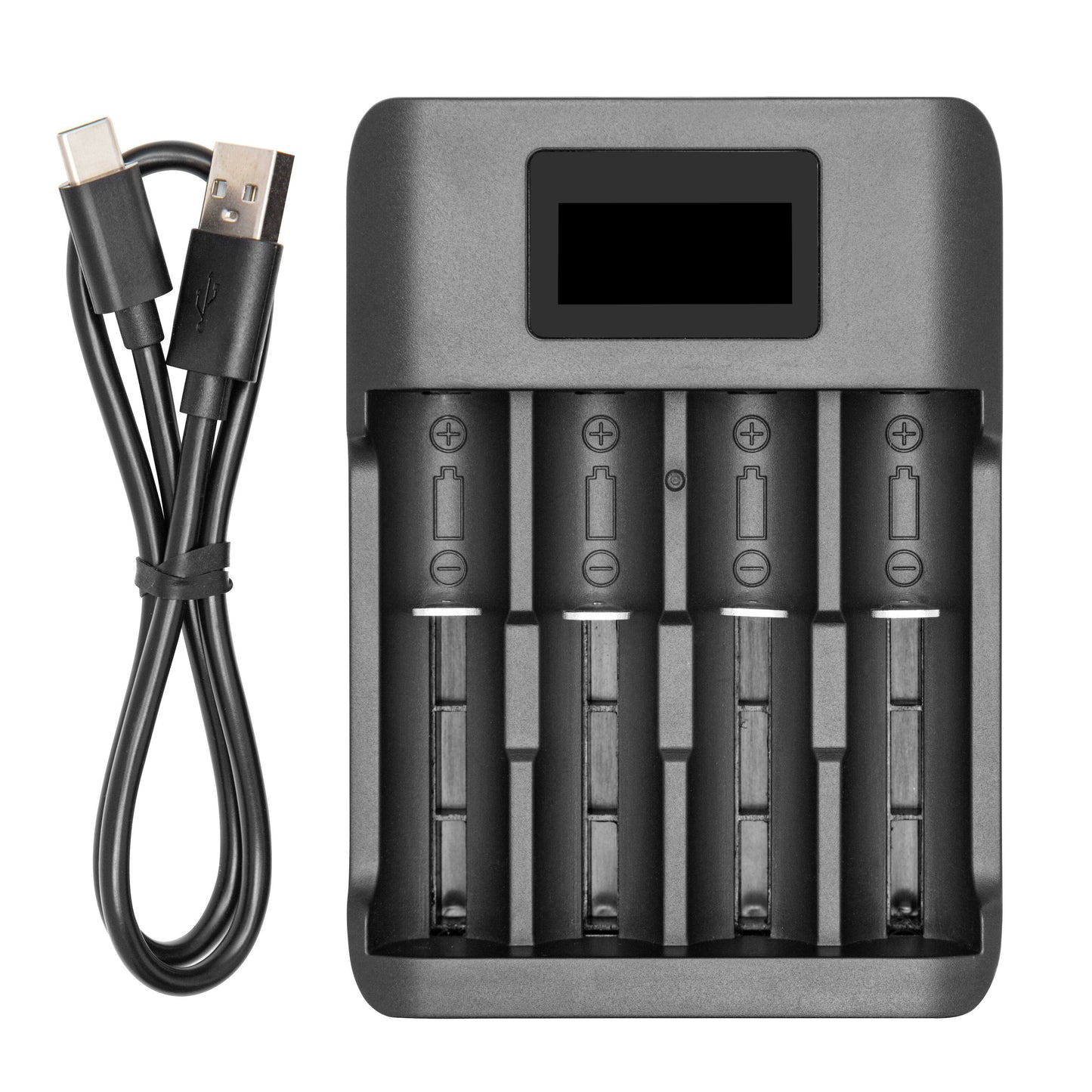 Luxorparts Universal Multi Charger 4 Multilader, sort, fire ladepladser til NiMH og Li-ion, inkl. USB-C til USB-A kabel.