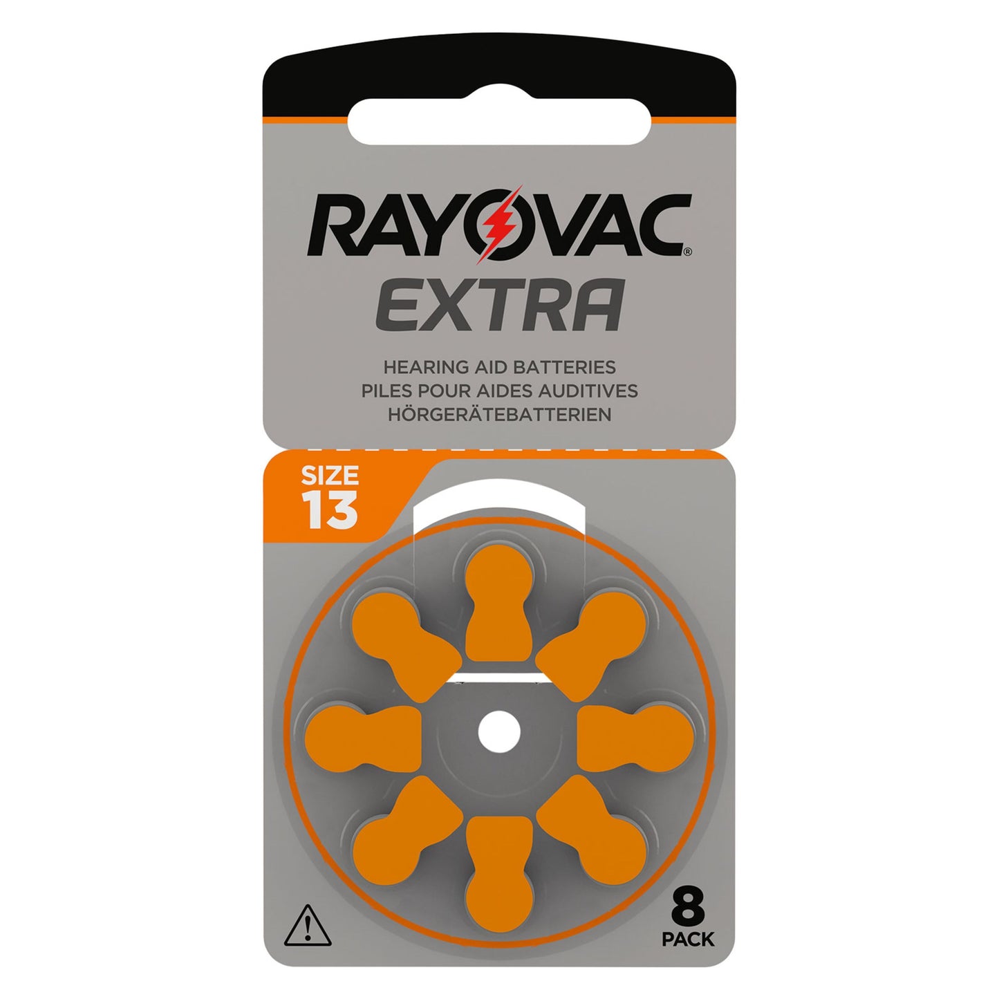 Rayovac høreapparatbatterier ZA13 orange 8-pak, str. 13 i cirkulær holder, engelsk/fransk/tysk emballage.