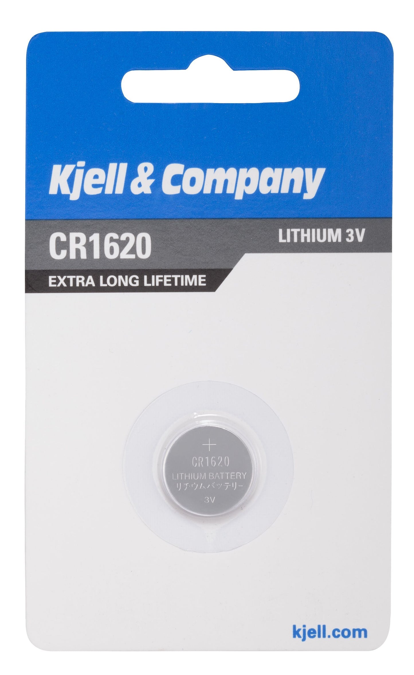 Kjell Litiumbatteri CR1620 i emballage med tekst "extra long lifetime", synlig gennem plastvindue på blå/hvid kort.