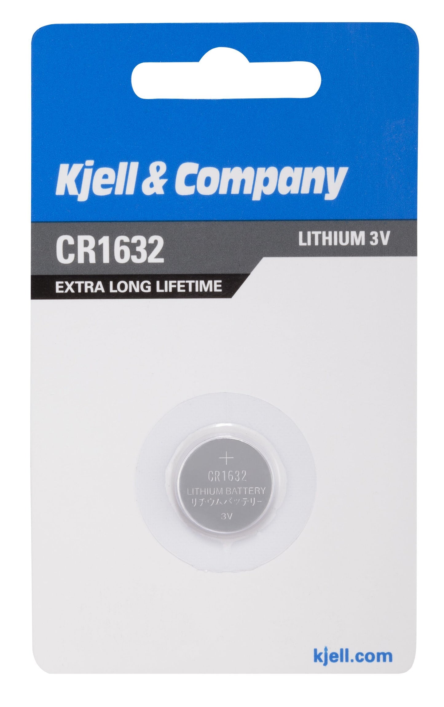 Litiumbatteri CR1632 3V knappcelle i emballage med teksten EXTRA LONG LIFETIME, batteriet synligt gennem plastvindue.