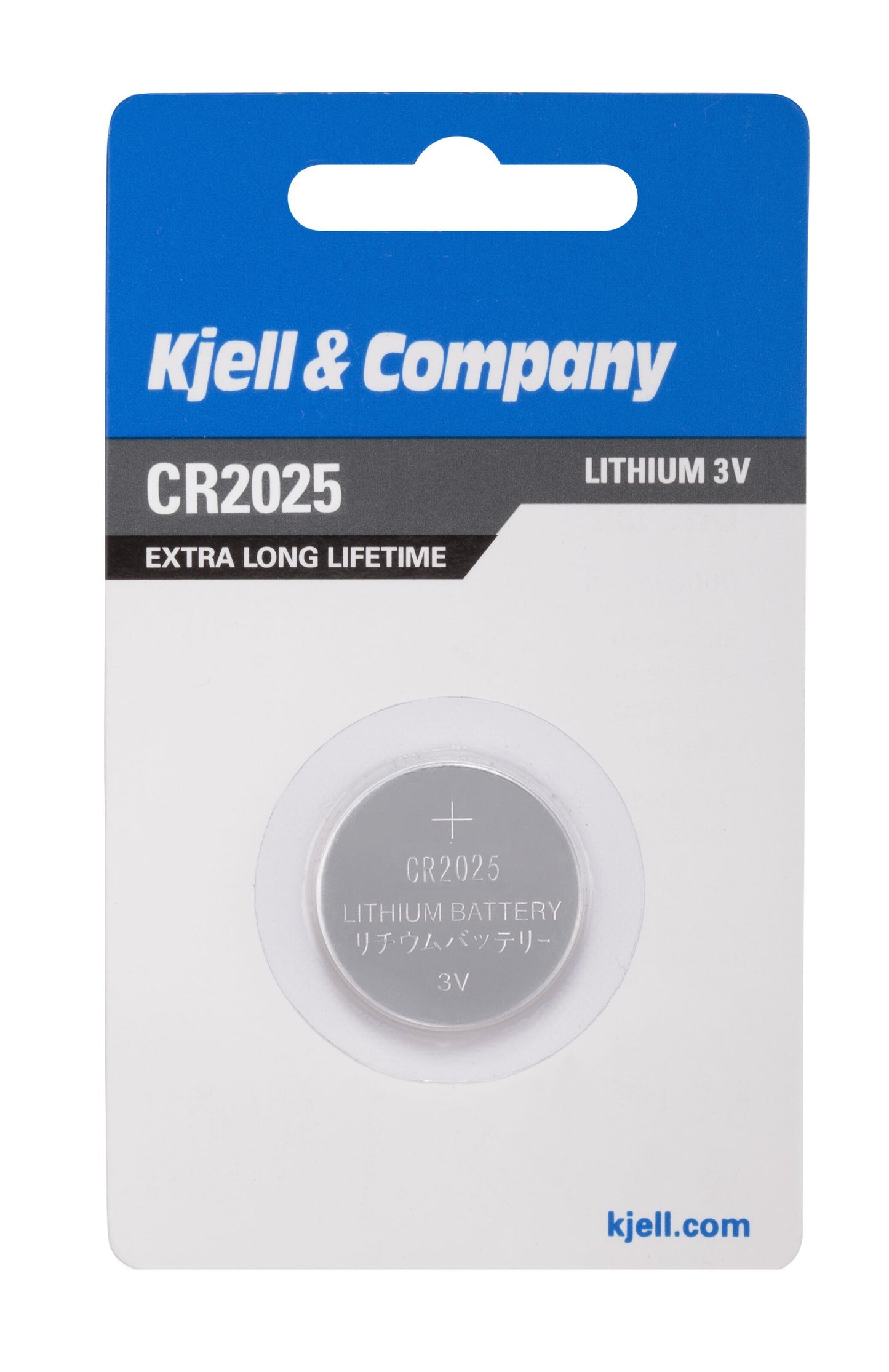 Litiumbatteri CR2025, 1 stk, blå og hvid emballage med "extra long lifetime" mærkning, synligt gennem plastvindue.