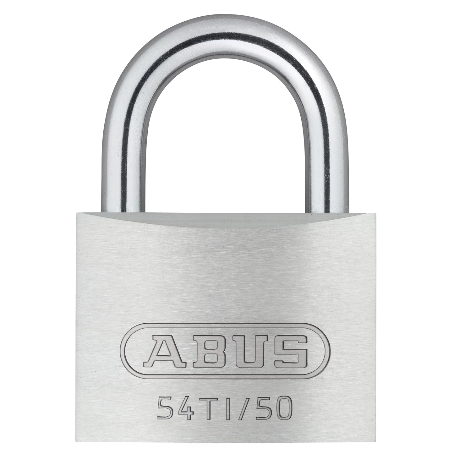 ABUS Hængelås 54TI Titalium, 50 mm, sølvfarvet, hærdet stål bøjle, indgraveret modelnummer 54TI/50 på fronten.