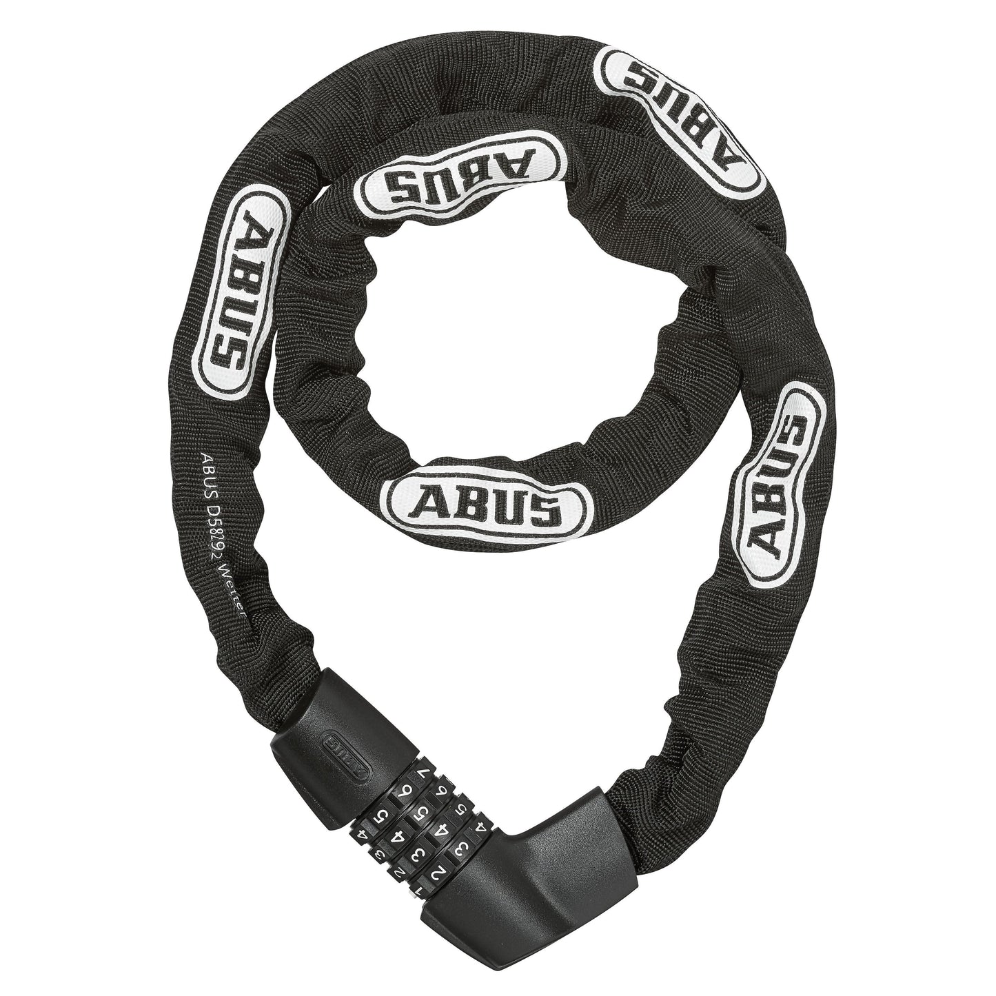 Abus Robust CC Lock 4411 sort kædelås med kombinationslås og sort stofbetræk med hvide ABUS-logoer.
