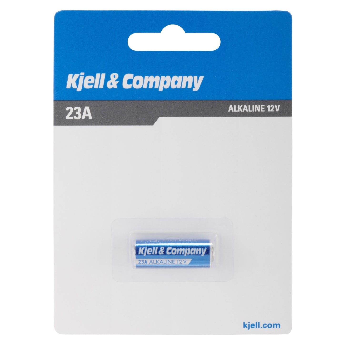 Kjell & Co 23A batteri 1 stk 12V alkaline blå/sølv emballage på hvid/blå kort med Kjell-logo og detaljer.