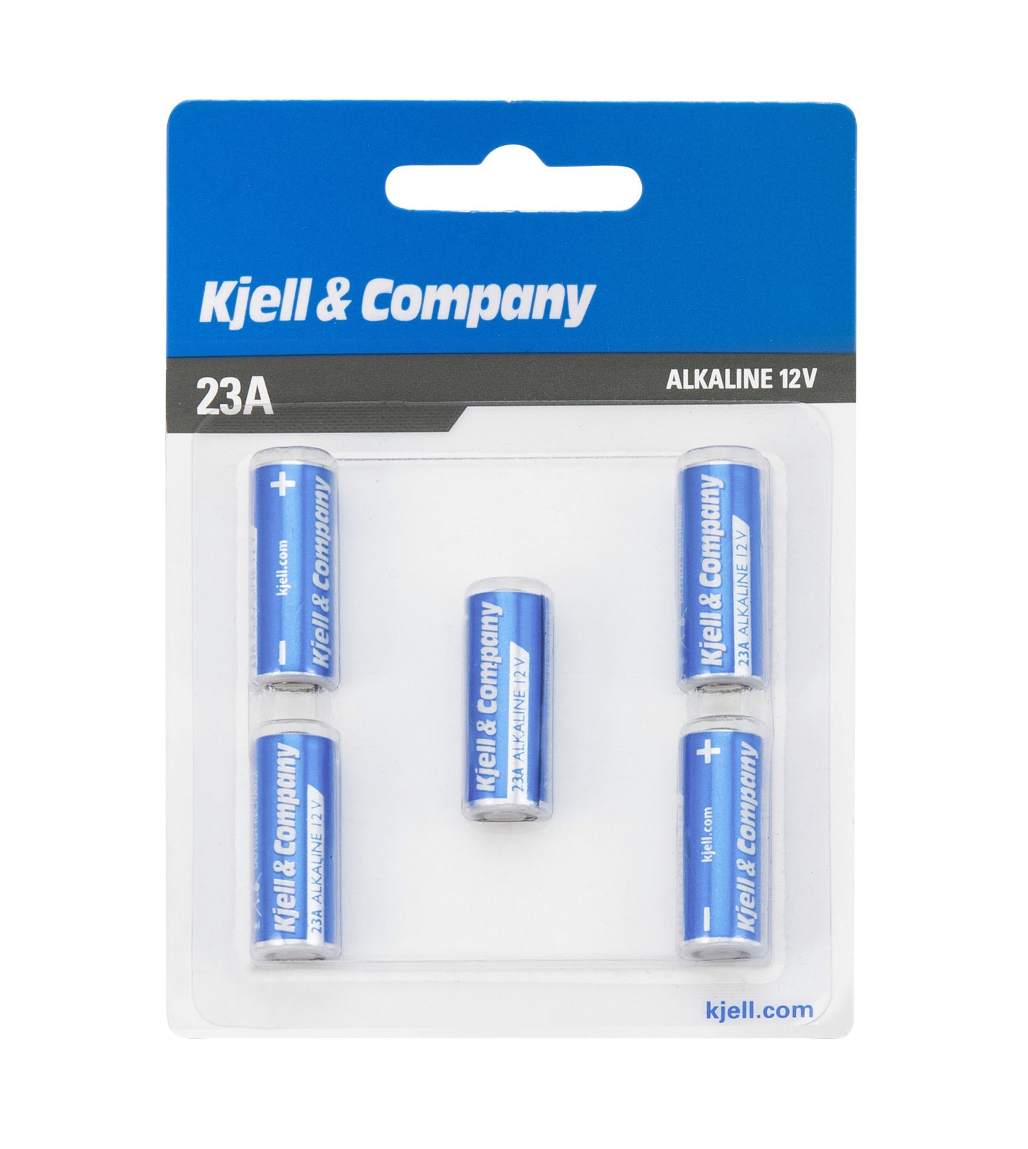 Kjell Co 23A batterier alkaline 12V i blå og grå blisterpakke med 5 stk.