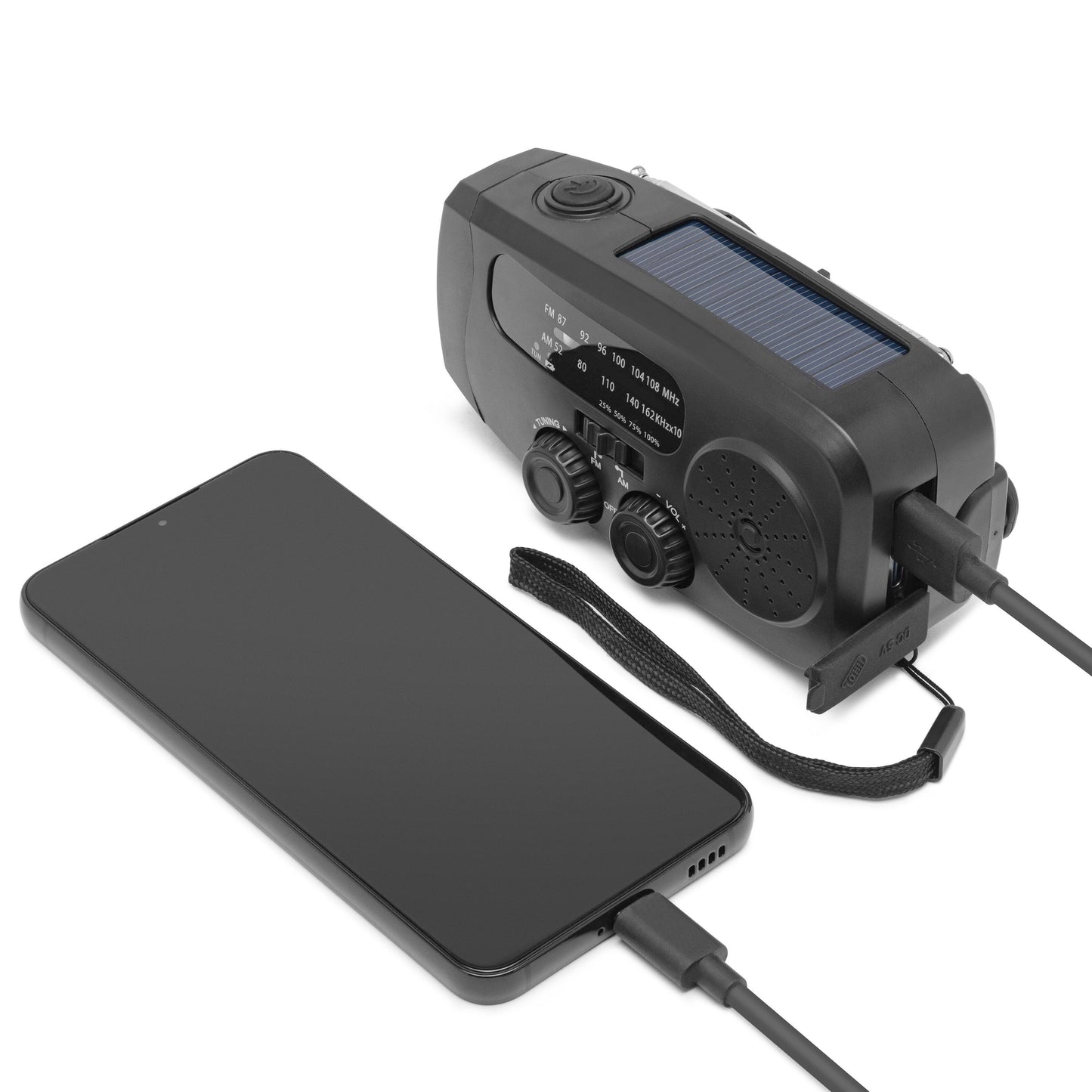 Luxorparts nødradio sort med USB, svejse- og solcelleopladning, indbygget højttaler, drejeknapper, håndledsrem.
