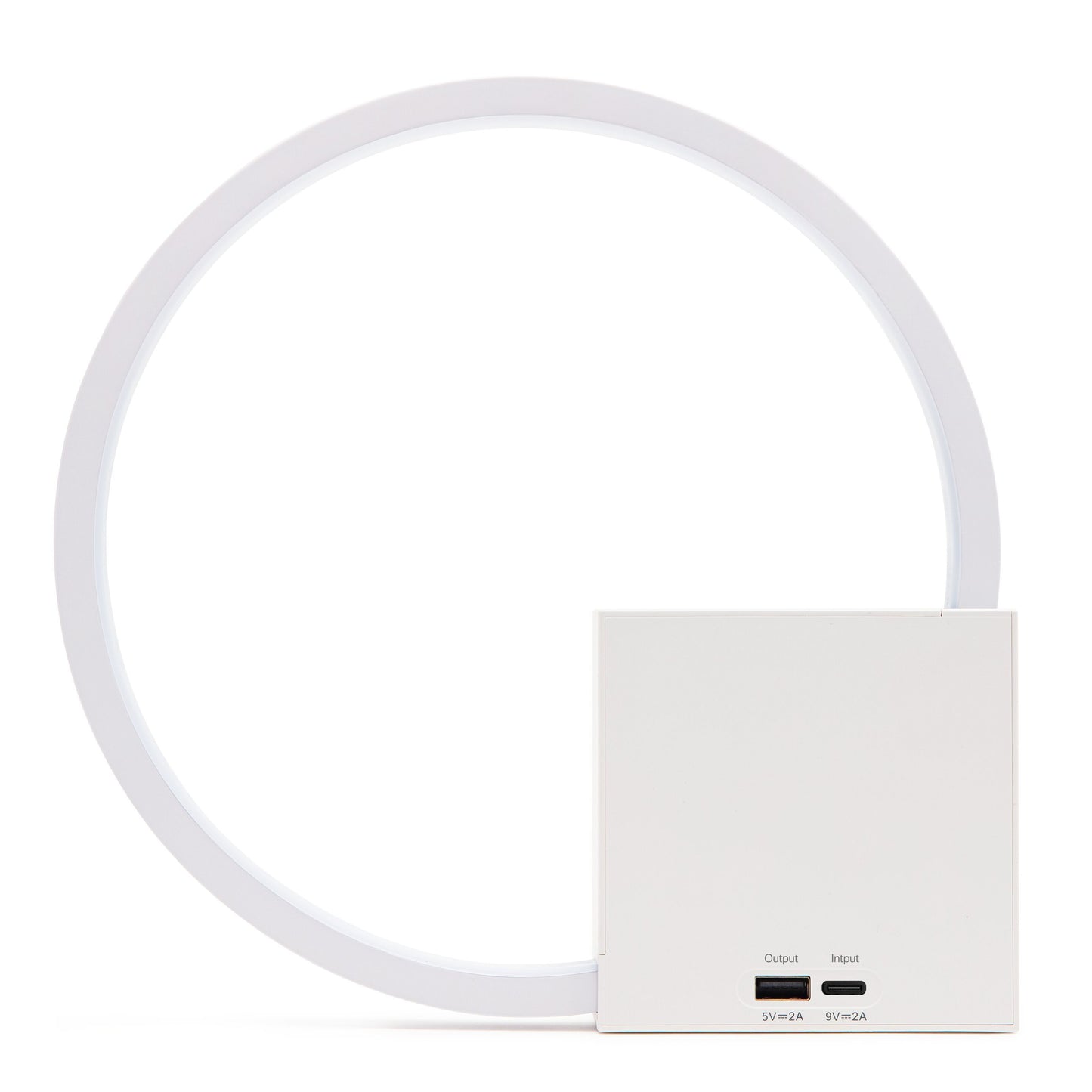 Rubicson Wake-up light vækkeur med natlampe, hvid cirkulær LED-lampe, simuleret solopgang, hvid powerbank med USB-porte.