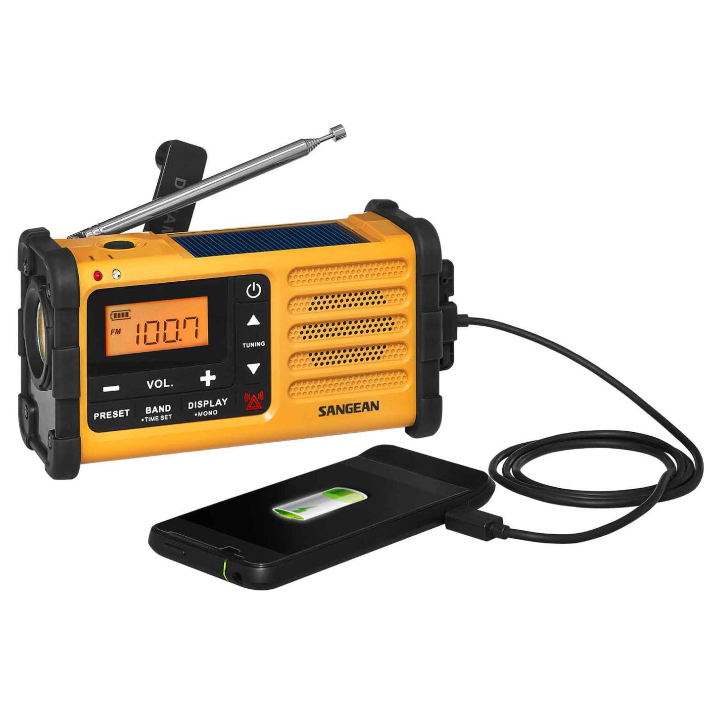 Sangean Vrid radio gul med udstrakt antenne, digitalt display, tilsluttet smartphone via USB med opladningsikon.