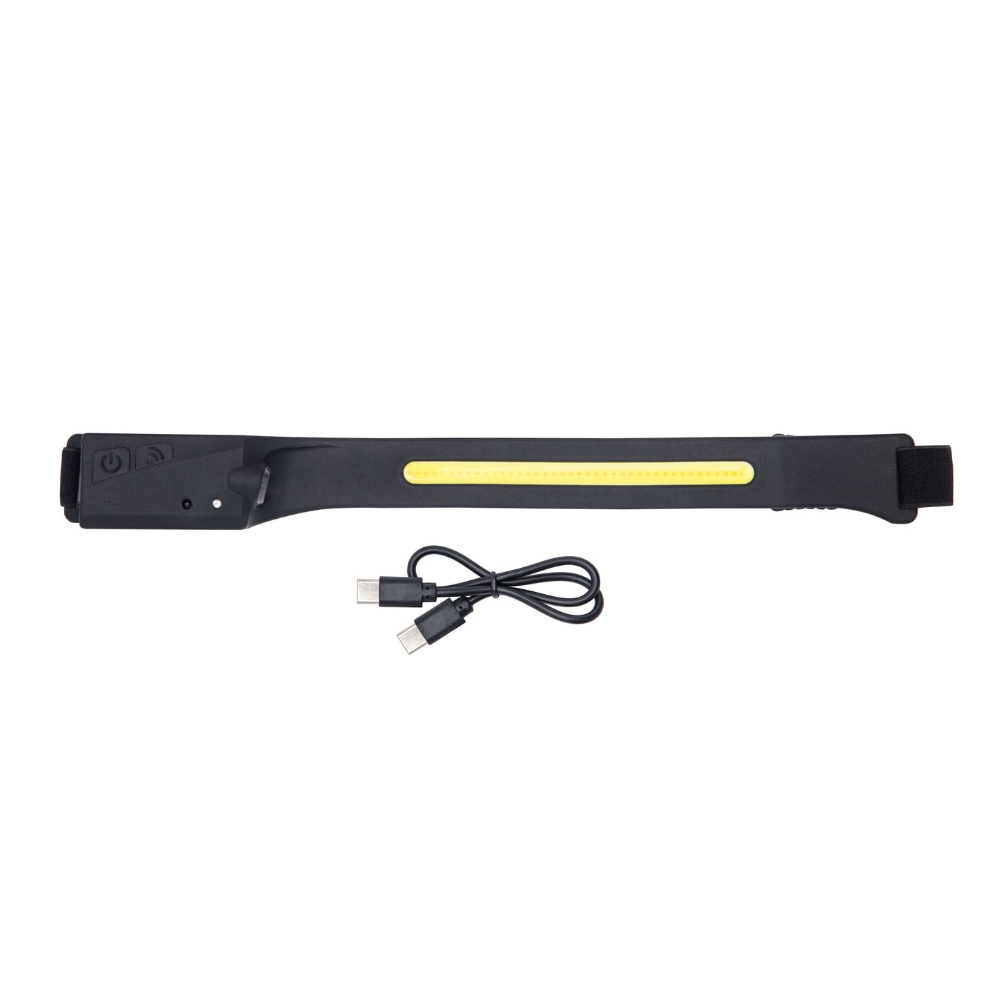 Sort LED-armbånd med gul lysstribe, tænd/sluk-knap, USB-opladningsport og kort USB-kabel.