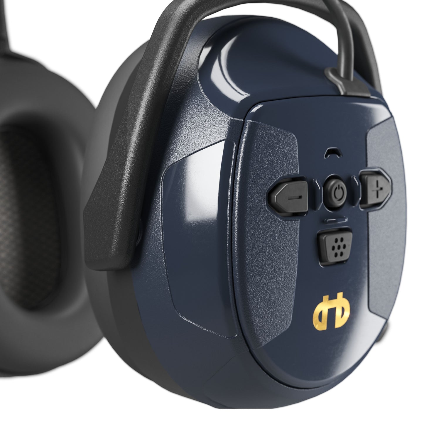 Hellberg Xstream MP hovedtelefoner med multipoint, bom-mikrofon, kontrolknapper, guldlogo, polstret bøjle og ørepude.