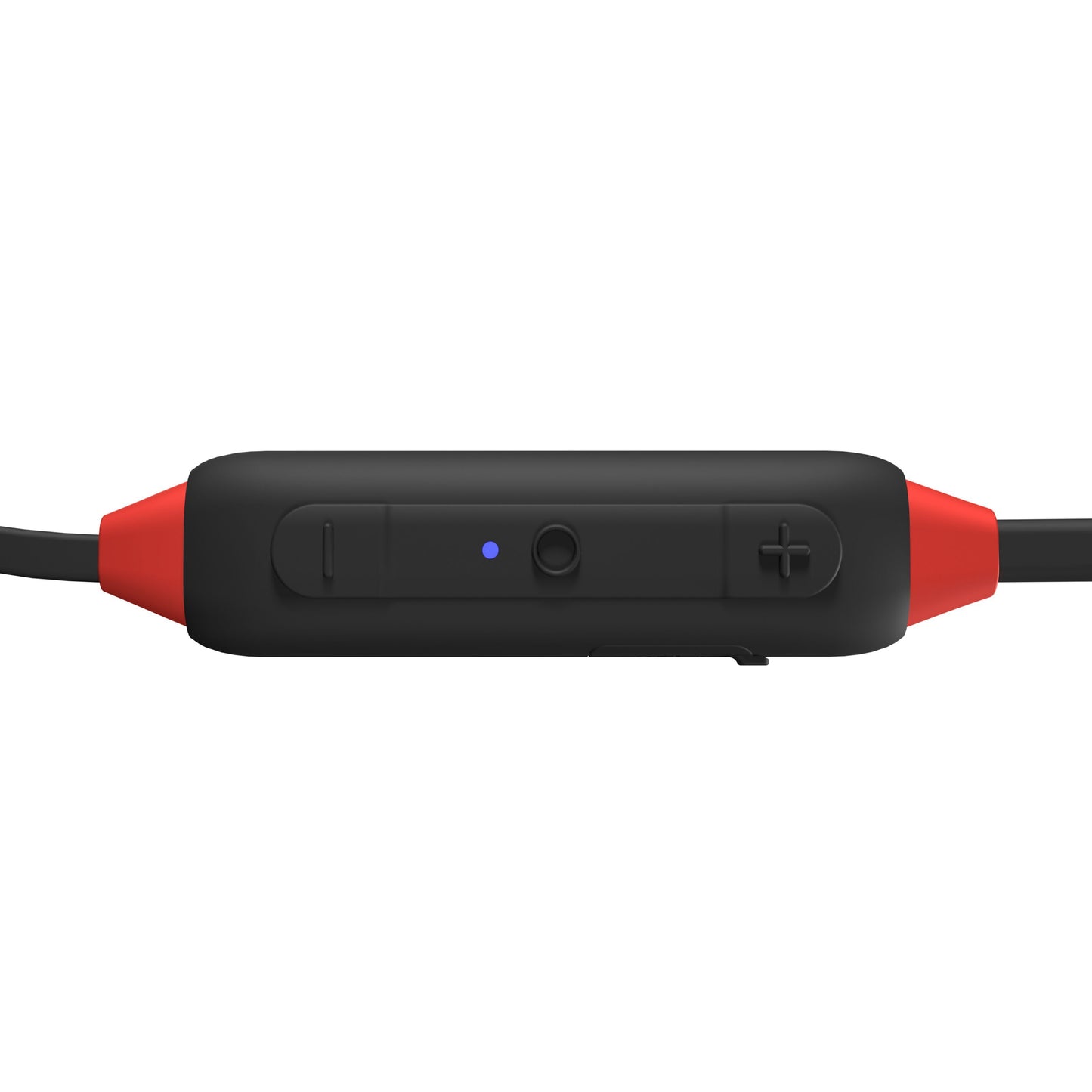 Isotunes Xtra 2.0 EN352 høreværn Bluetooth sort inline remote, røde ender, blå LED, runde og plusknap, lille skydeknap.