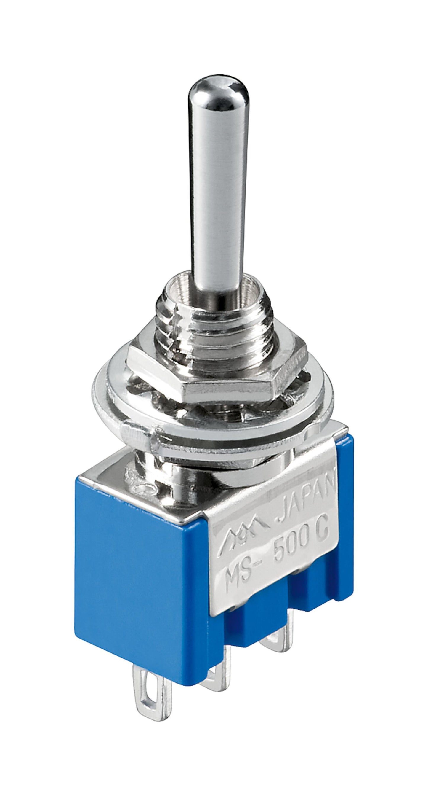 Miniatyr omskifter 1-polet til-fra-til, blå sokkel, tre metalterminaler, MS-500C og JAPAN mærkat på siden.