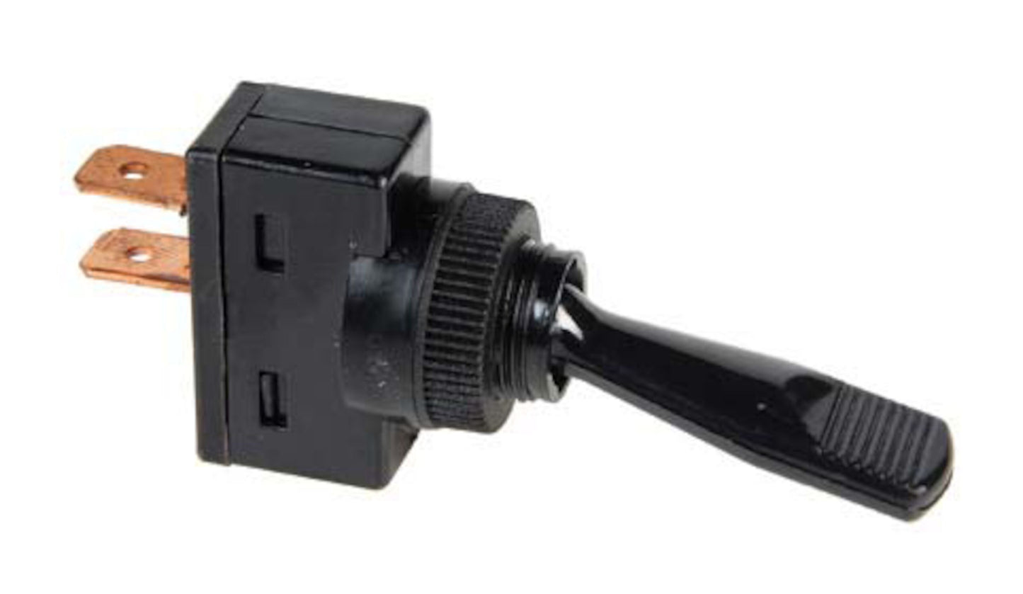 Vippeafbryder lang arm 1-polet on/off sort, rillet greb, to kobberterminaler, til panelmontage, 12V 20A.