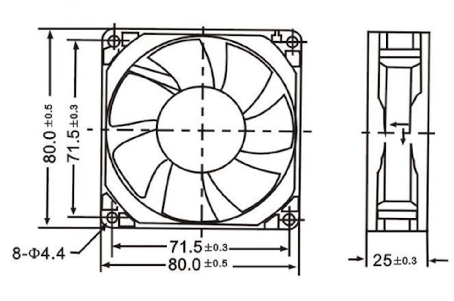 Velleman aksialblæser 12 V 80x80x25 mm teknisk tegning med front- og sidevisning, mål, markerede monteringshuller.