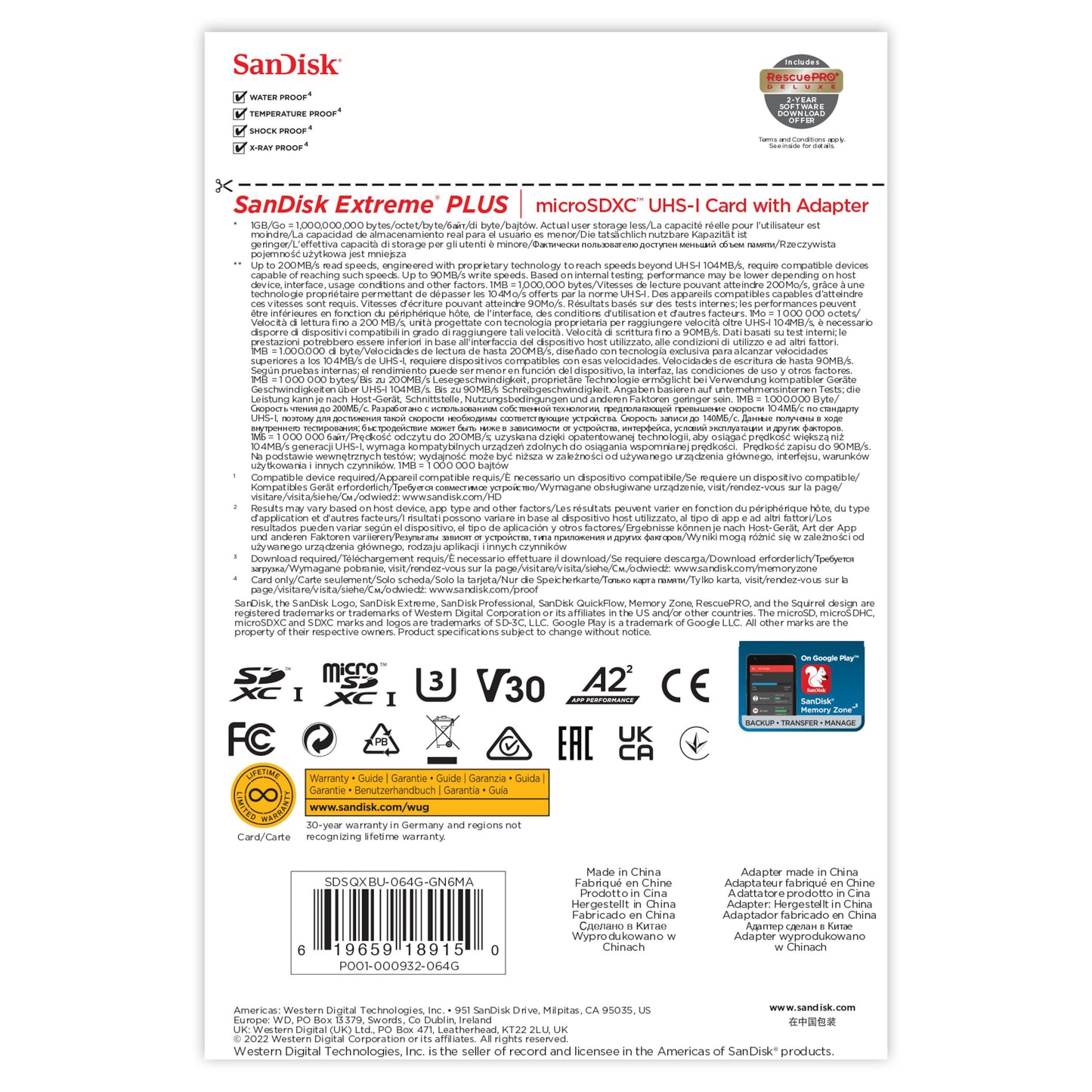Sandisk Extreme Plus Micro-SD-kort 64 GB bagside med produktinfo, specifikationer, ikoner og garantioplysninger.