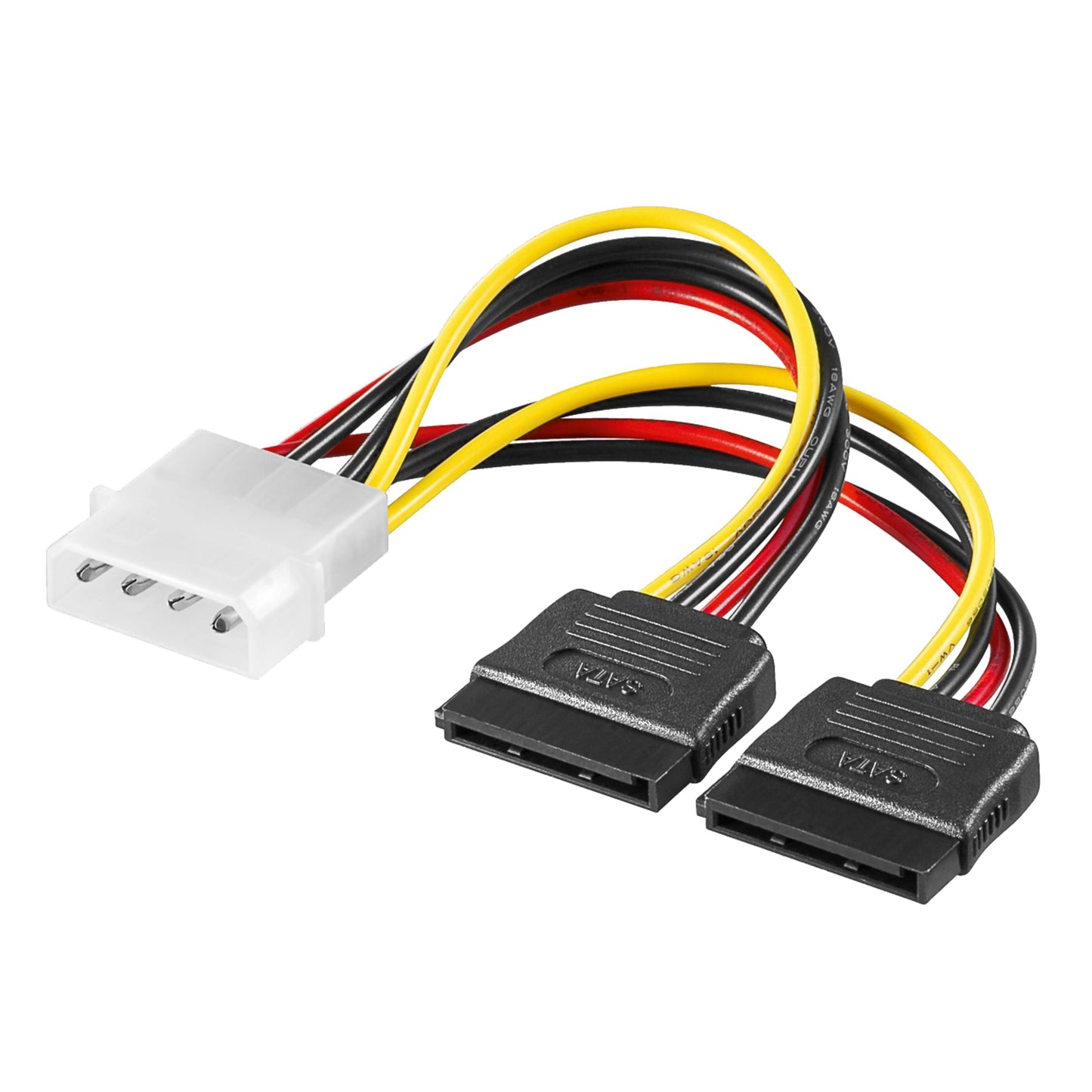 Luxorparts Molex til SATA strømforgrening 4-pin hun til to sorte SATA stik med gule, røde og sorte ledninger.