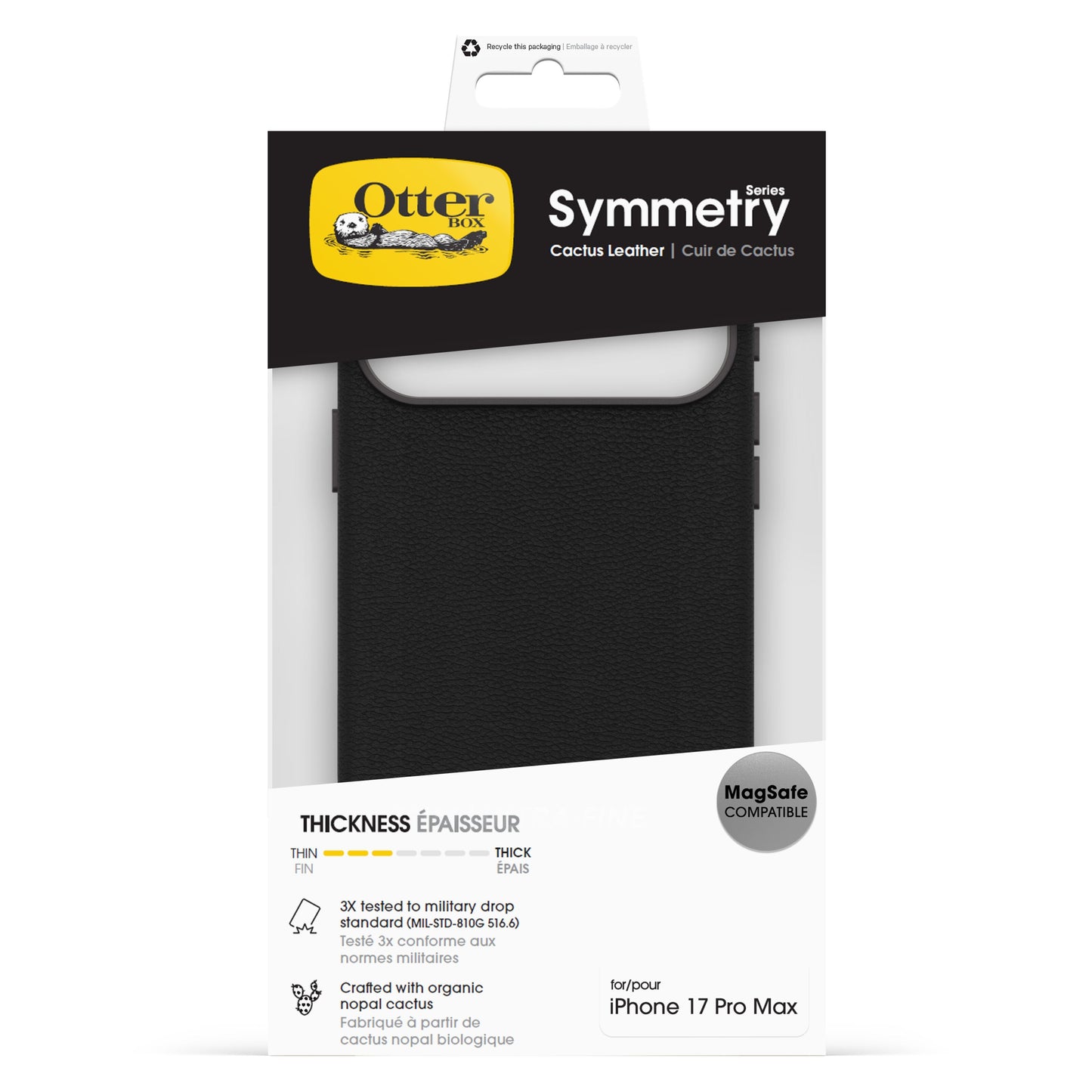 Otterbox Symmetry Cactus Leather MagSafe cover til iPhone 17 Pro Max sort organisk læder stødtestet MagSafe kompatibel.