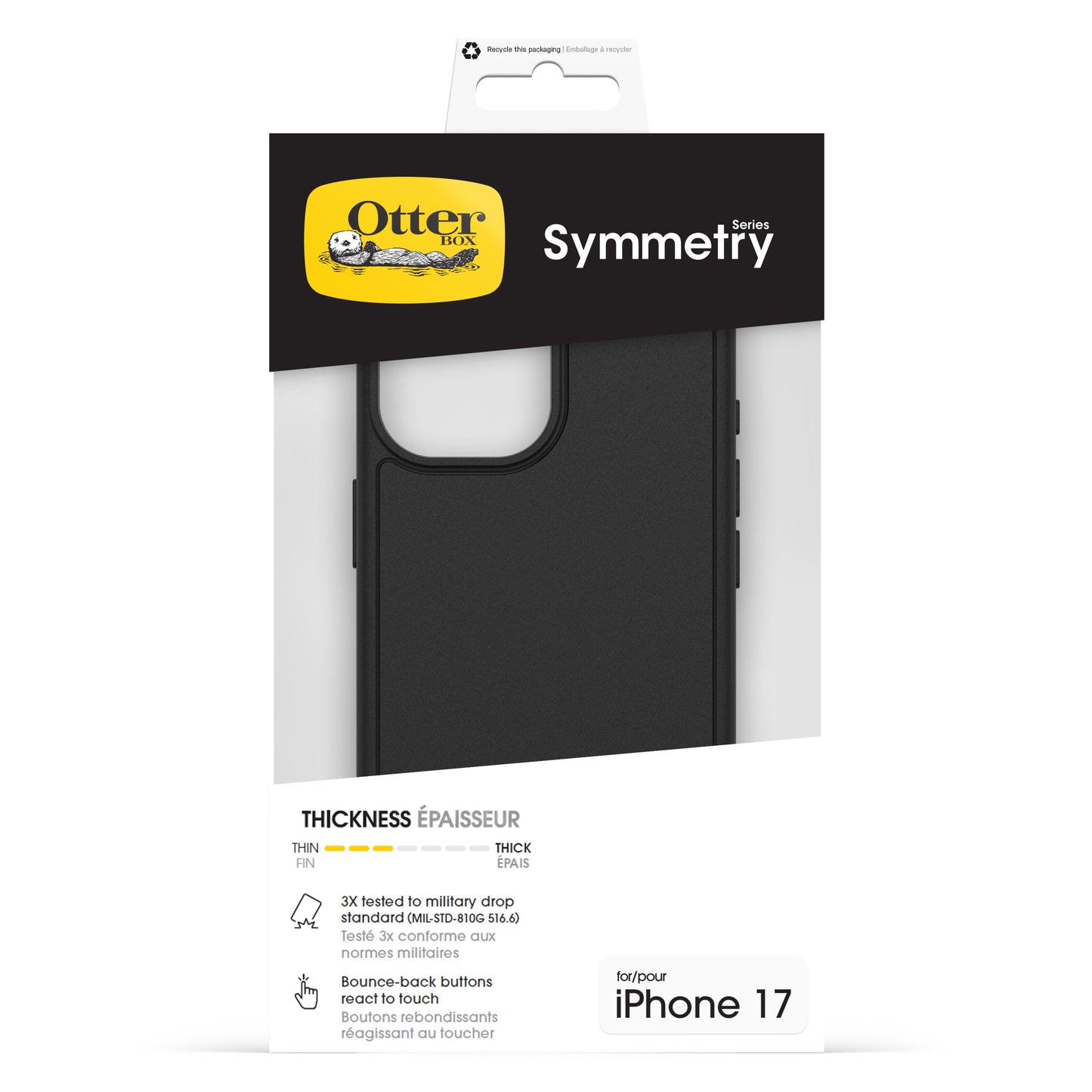 Otterbox Symmetry MagSafe cover til iPhone 17 sort, militærklassificeret beskyttelse, slankt design, responsive knapper.