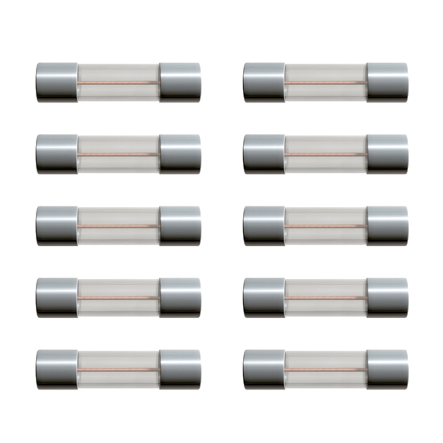 Glasrørsikring 5x20 mm 1A træg T, 10-pak, sølvfarvede endestykker.