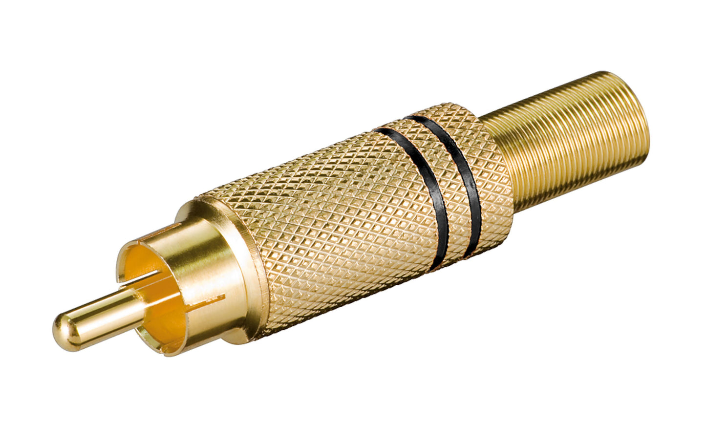 Forgyldt RCA-stik han, sort, loddeforbindelse, tekstureret greb, sorte striber ved basen, central pin.
