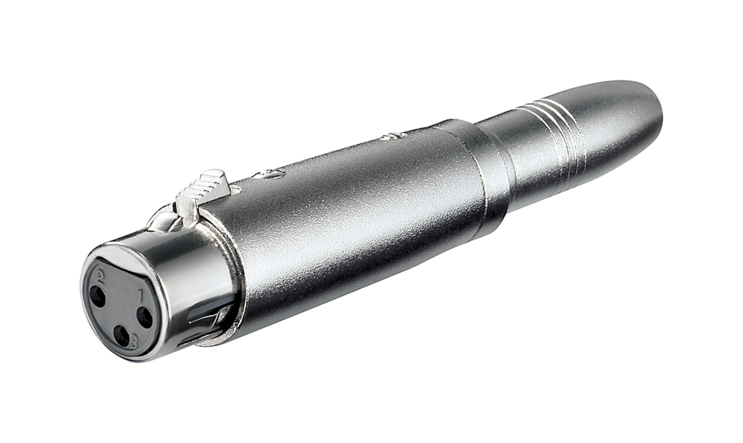 Adapter XLR-hun til 6,3 mm hun sølv med tre pin-huller og lås ved siden af 3 mm adapter.
