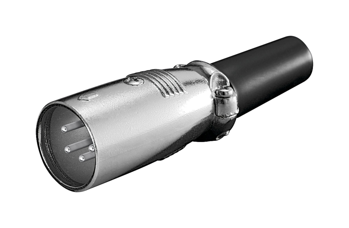 XLR-stik 4-polet han, metalhus og sort plastik, til lydudstyr og mikrofoner.