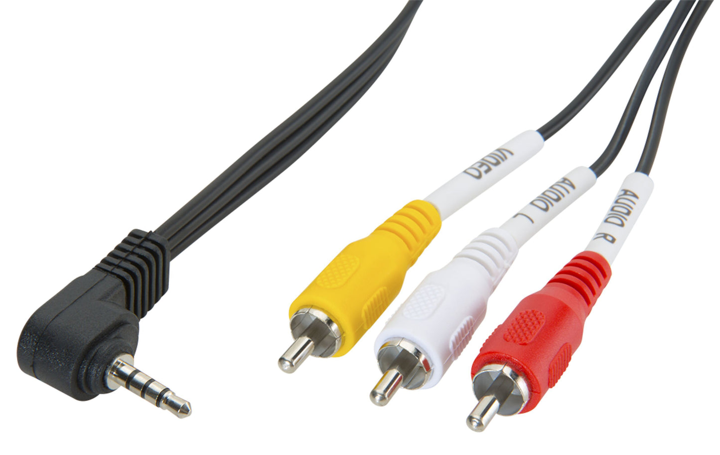 Composite video med lydkabel 1 m, sort, vinklet 3,5 mm jack til 3 RCA-stik.