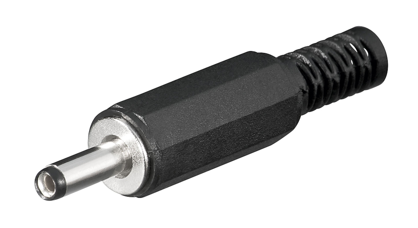 Goobay DC-stik med loddeforbindelse 3,4x1,3x9 mm sort/sølv med rillet plastikgreb til strømforsyning.