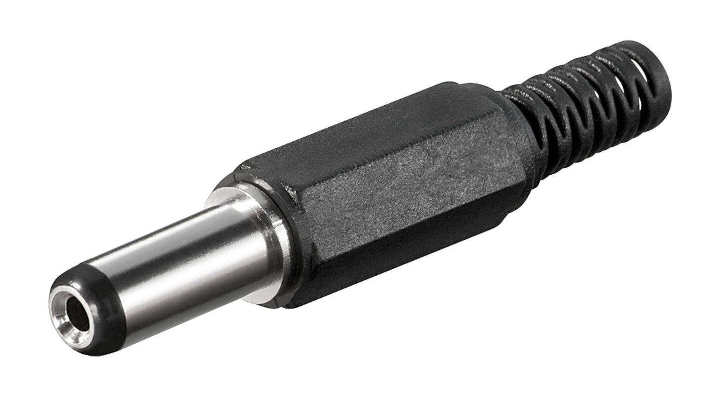 DC-stik med loddeforbindelse 5,5x2,1x14 mm sort/sølv, cylindrisk metaltip og fjedertrækaflastning.