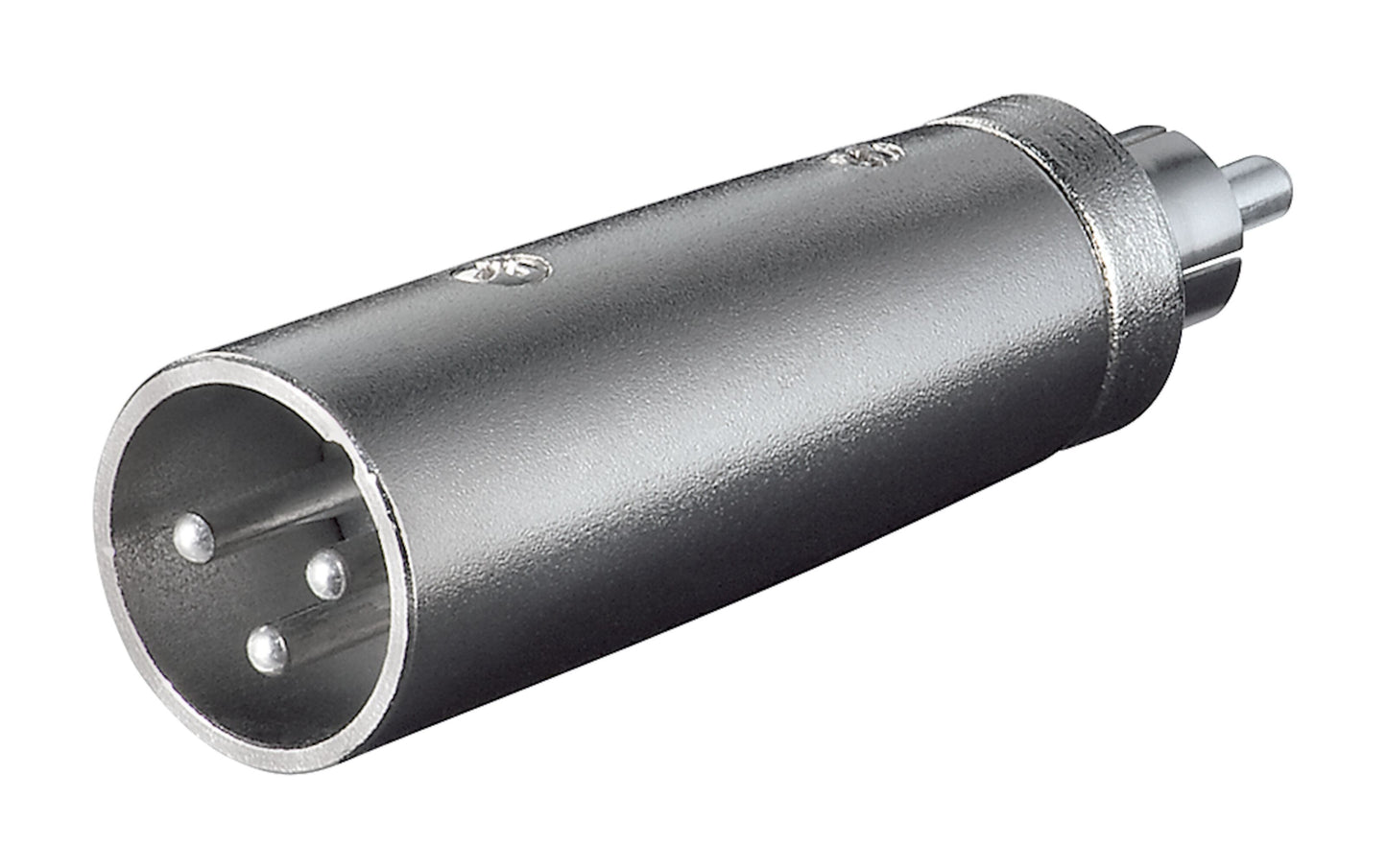 Adapter XLR han til RCA han, 3-pin XLR venstre og RCA højre, mørkegrå metal, mono lydadapter.