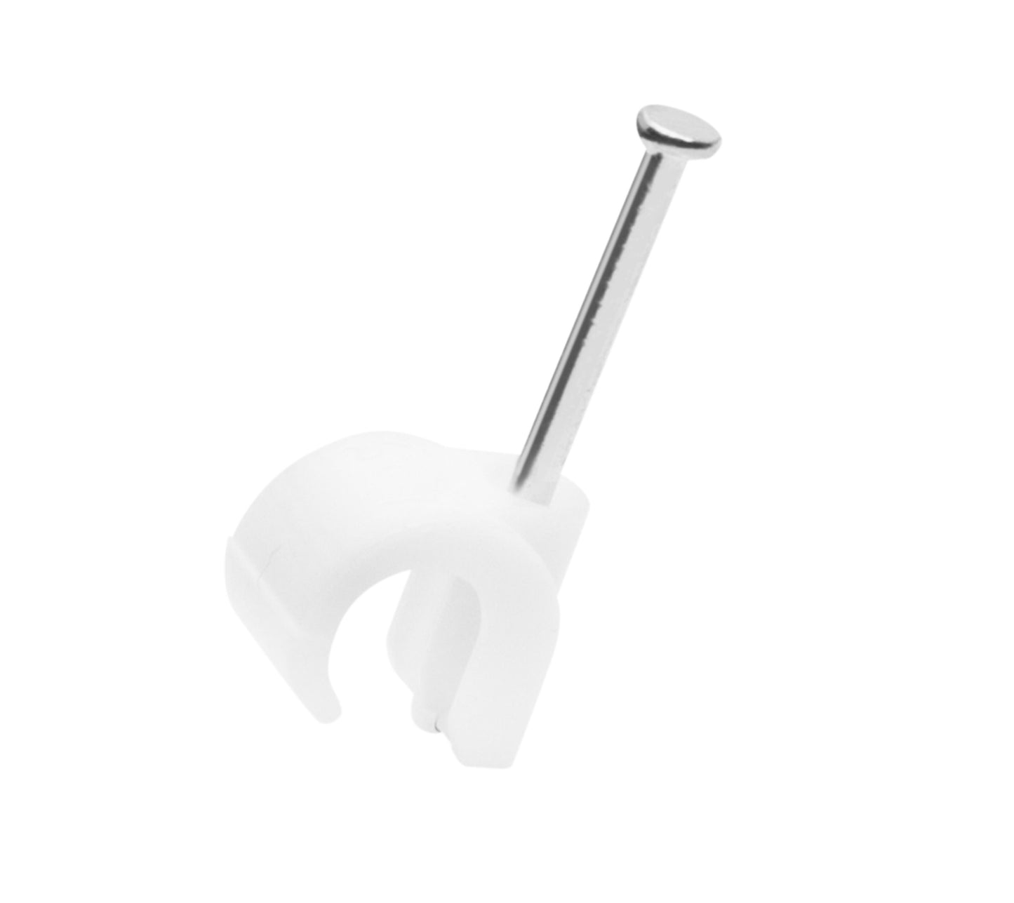 Kabelsøm til rund kabel 5-7 mm 100-pak med plastbøjle og metalspiker til fastgørelse af kabler på vægge.