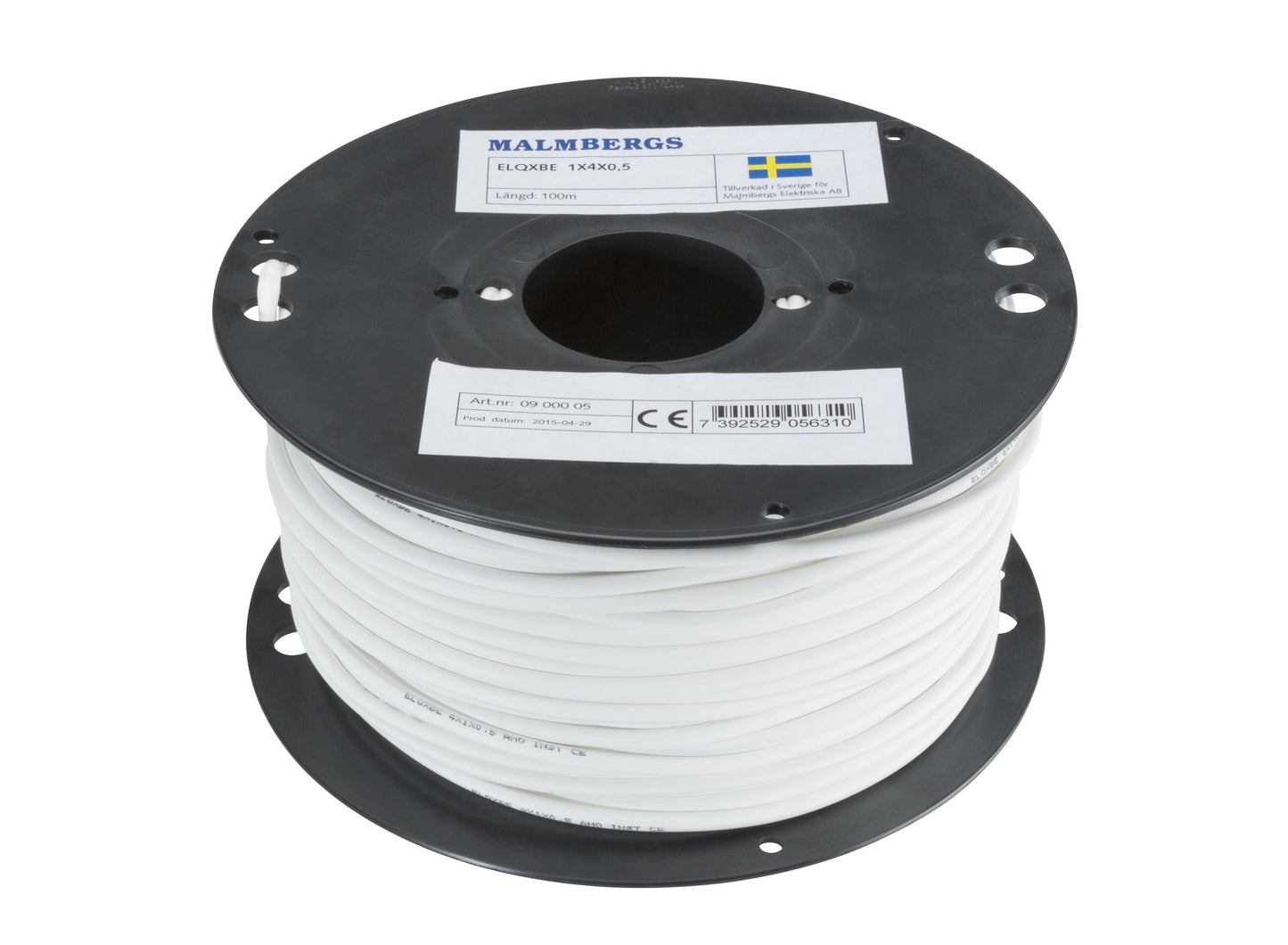 Telekabel ELQXBE (EKKX) 4-polet stor sort spole, produktinfo, stregkode og svensk flag på label, hvid kabelrulle.
