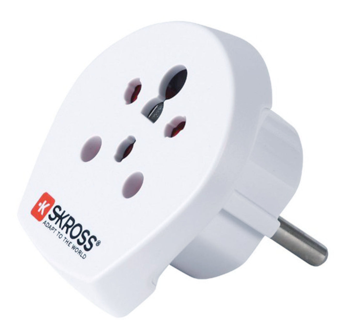 Skross rejseadapter rund EU stiktype F til Indien, Israel og Danmark, flere stikåbninger, Skross-logo og slogan på fronten.