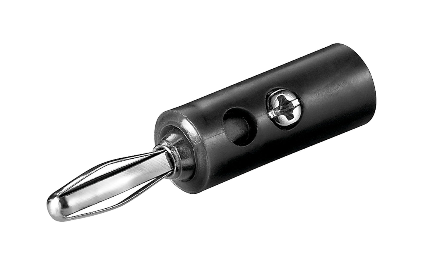 Laboratorieprop 4 mm, 39 mm, sort og sølv med metalpin, cylinderhus og sideskrue til ledningsfastgørelse.