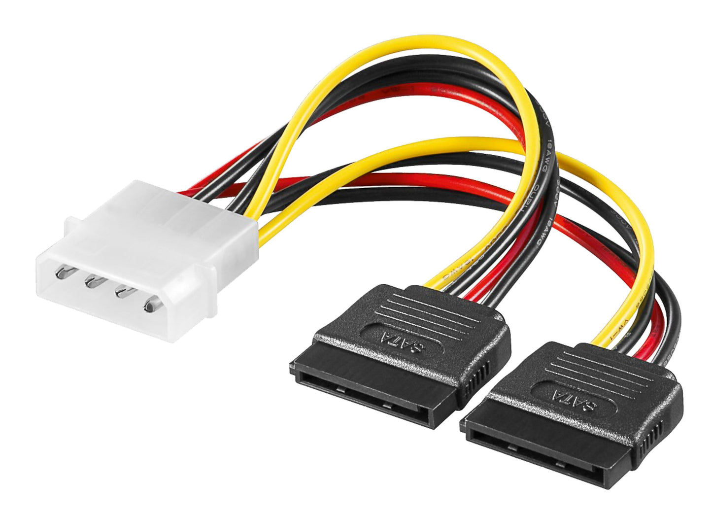 Luxorparts adapterkabel 4-pin Molex til to sorte 15-pin SATA-strømstik med gule, røde og sorte ledninger.