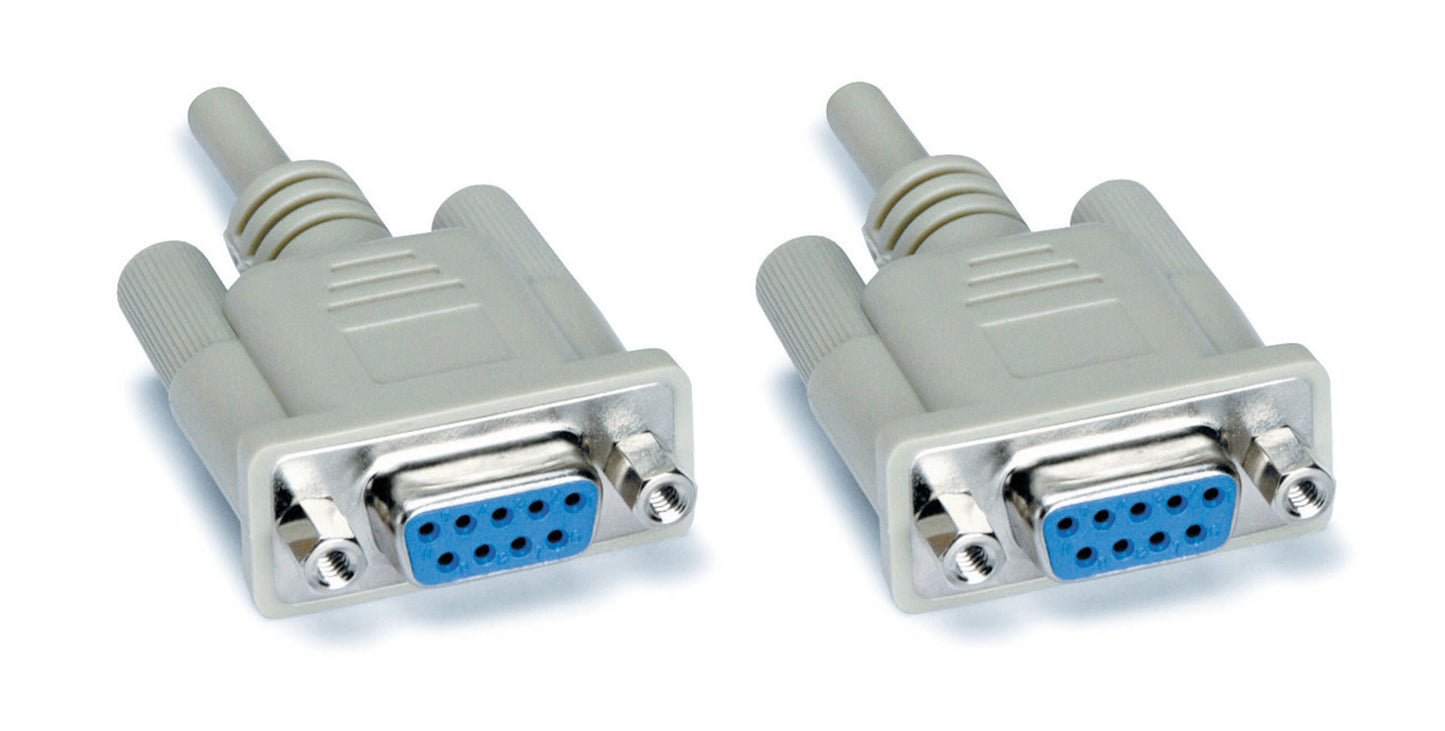 Serielkabel hun-til-hun 1,8 m med til grå 9-pin DB9 hunstik, blå indre og metalhus til seriel dataoverførsel.