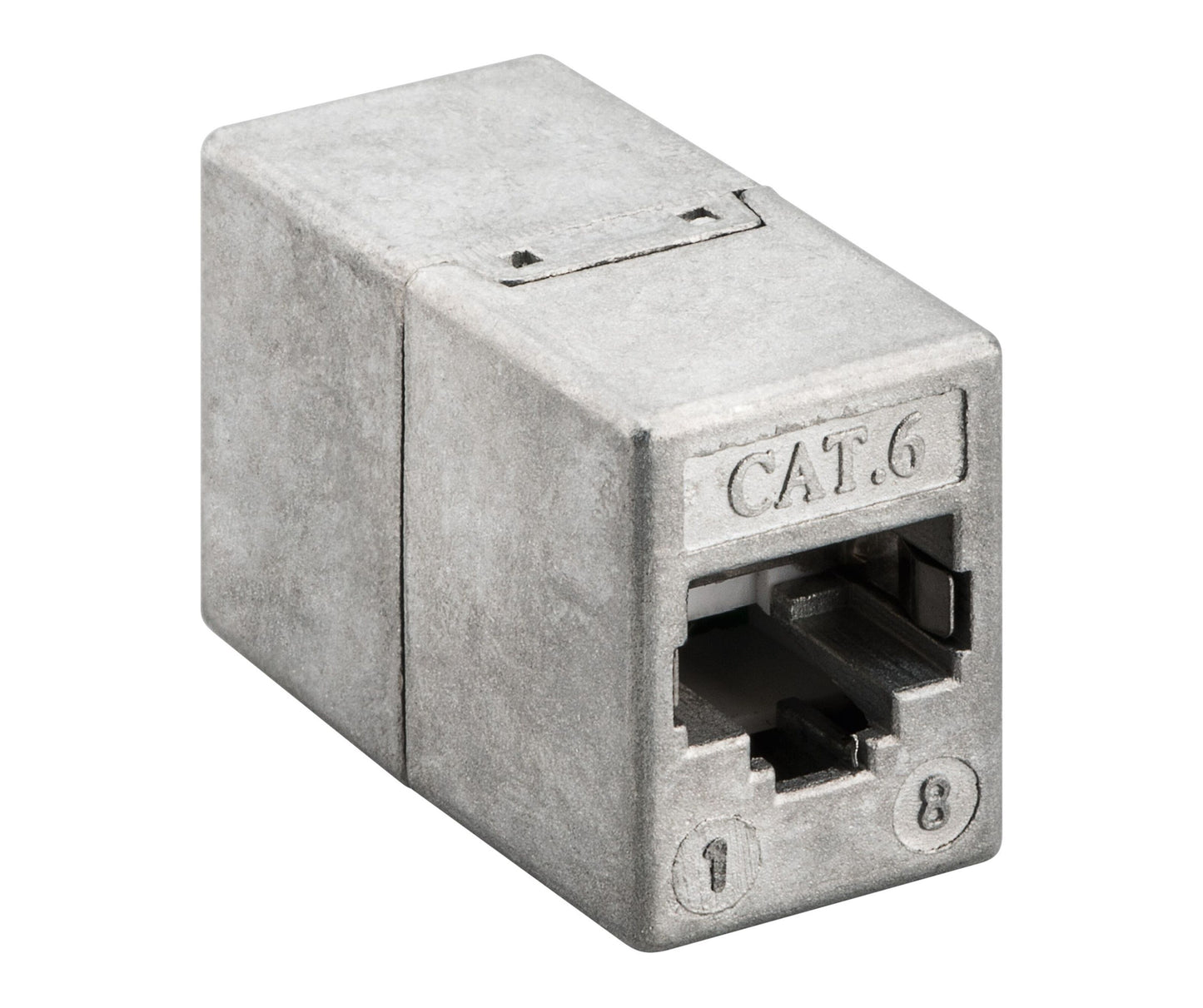 Luxorparts skærmet RJ45 stik Cat. 6 FTP, rektangulær metalkobling med CAT.6 mærke og nummer 1 og 8.