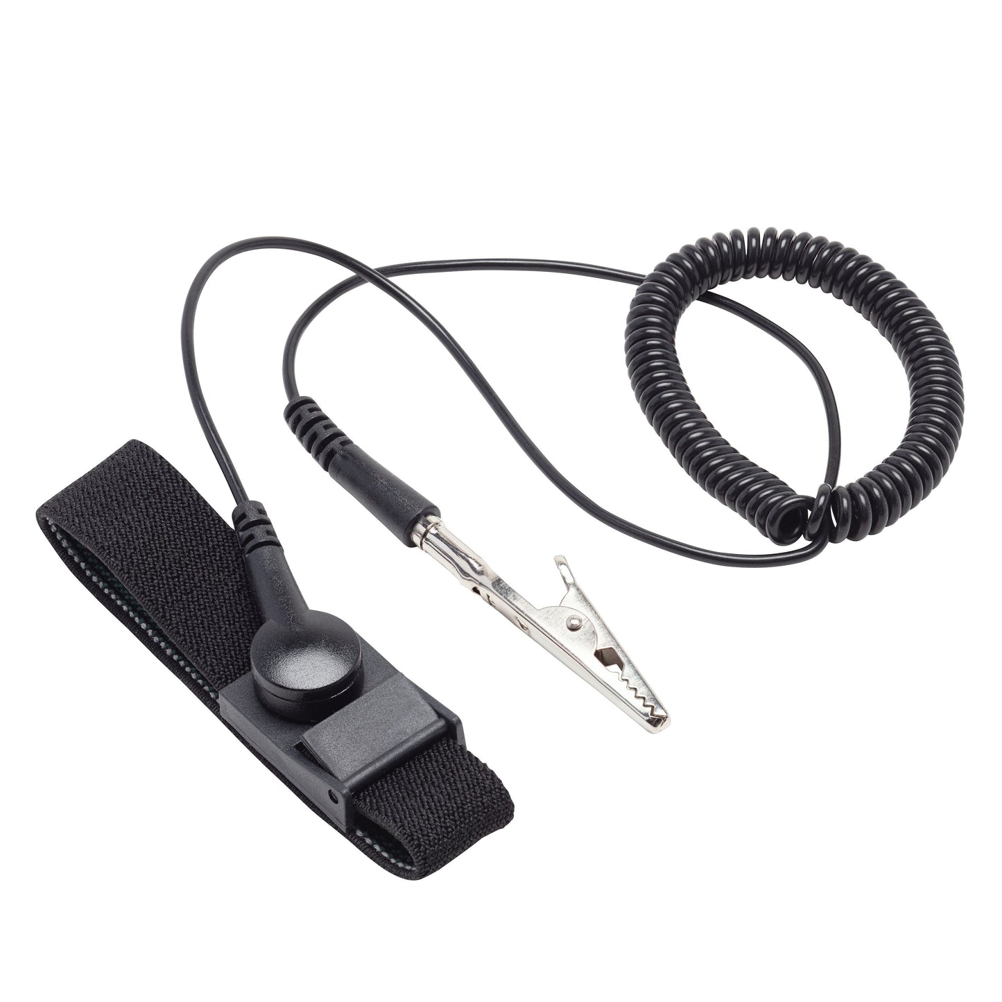 ESD-armbånd med spiral-ledning og alligatorklemme til beskyttelse mod statisk elektricitet ved elektronikservice.