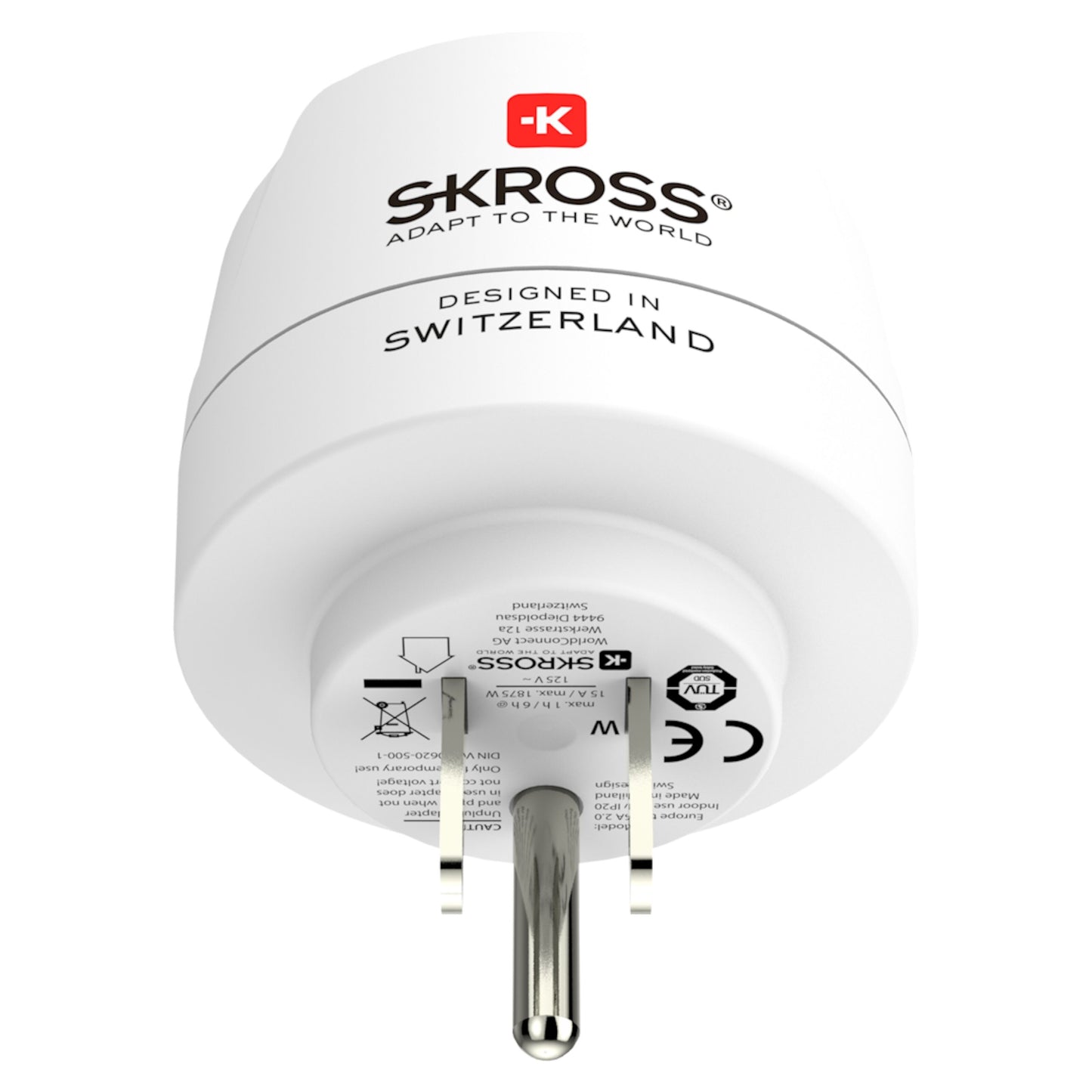 Skross Jordet rejseadapter USA med to runde stikben, etiketter "DESIGNED IN SWITZERLAND" og "ADAPT TO THE WORLD", type C til B.