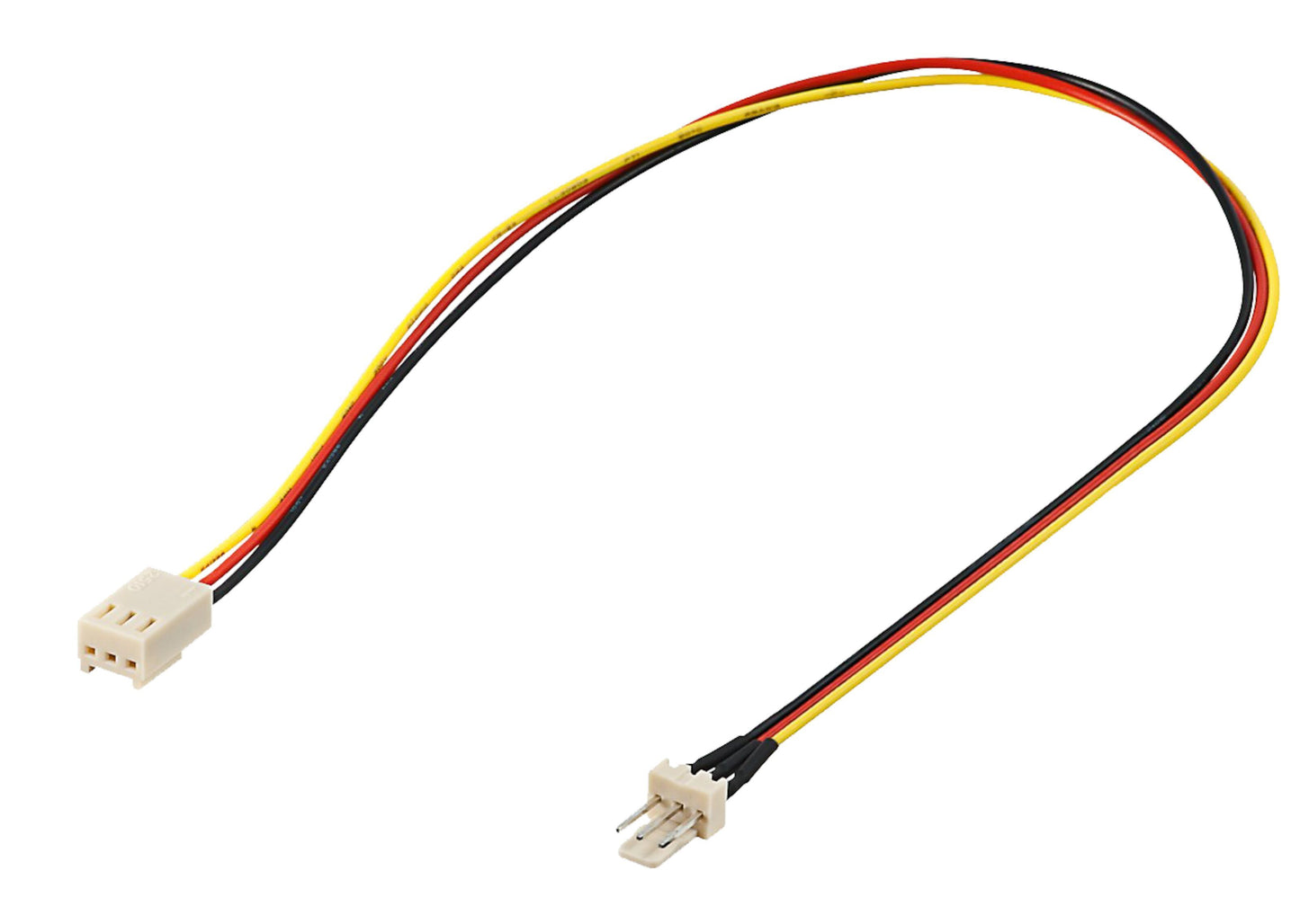Forlængerledning til ventilator, 3-pin stik, 30 cm kabel, røde, gule og sorte ledninger, stik i begge ender.