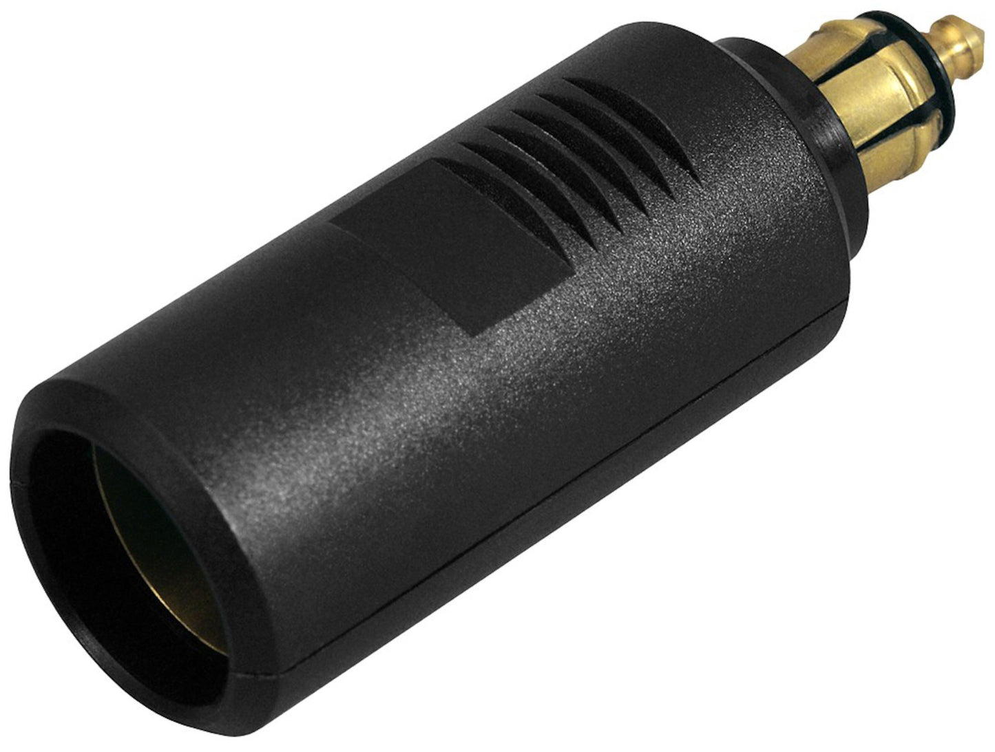 Biladapter 12 mm til 21 mm, sort med guldfarvet spids, passer til 12V cigarettænder og 21 mm stik.