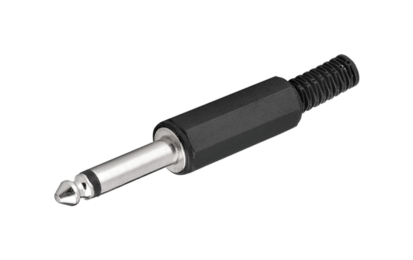 6,3 mm Han Mono stik med metalspids, sort plastkrop og loddeforbindelse, enkelt mono jack i detaljevisning.