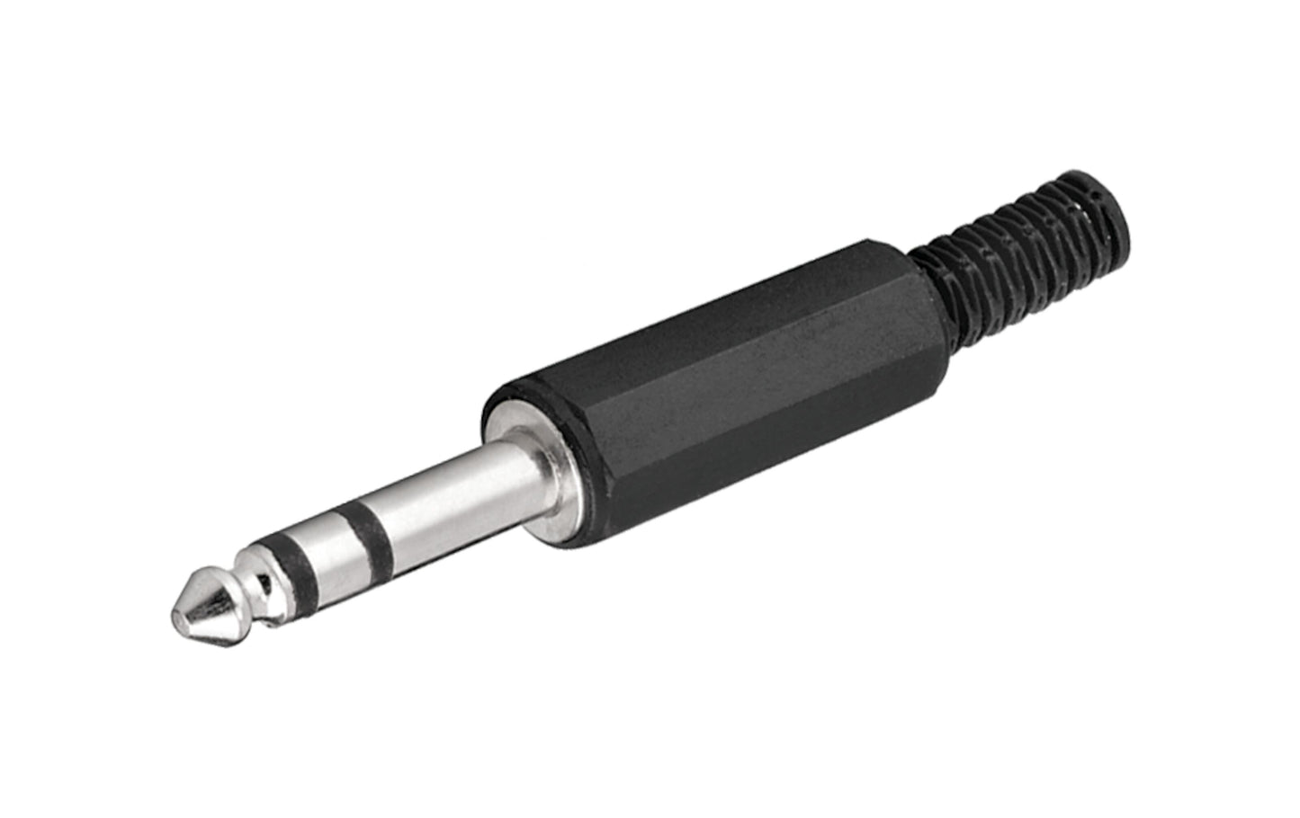 Luxorparts 6,3 mm Han Stereo jackstik med sort plastkappe og metalspids til hovedtelefoner eller musikinstrumenter.