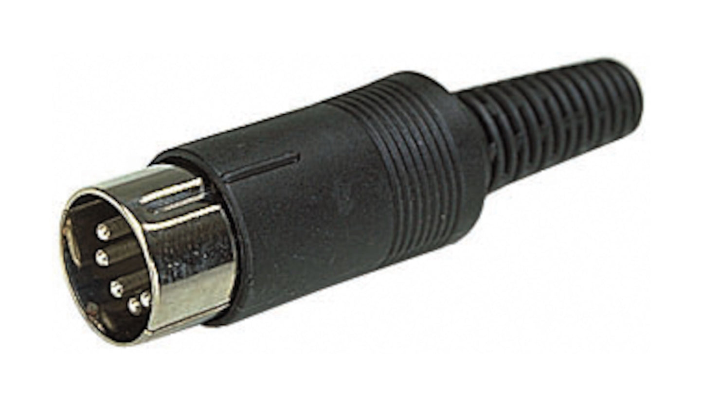 DIN hanstik 5-polet med metalspids og synlige ben til lydudstyr eller MIDI-enheder.