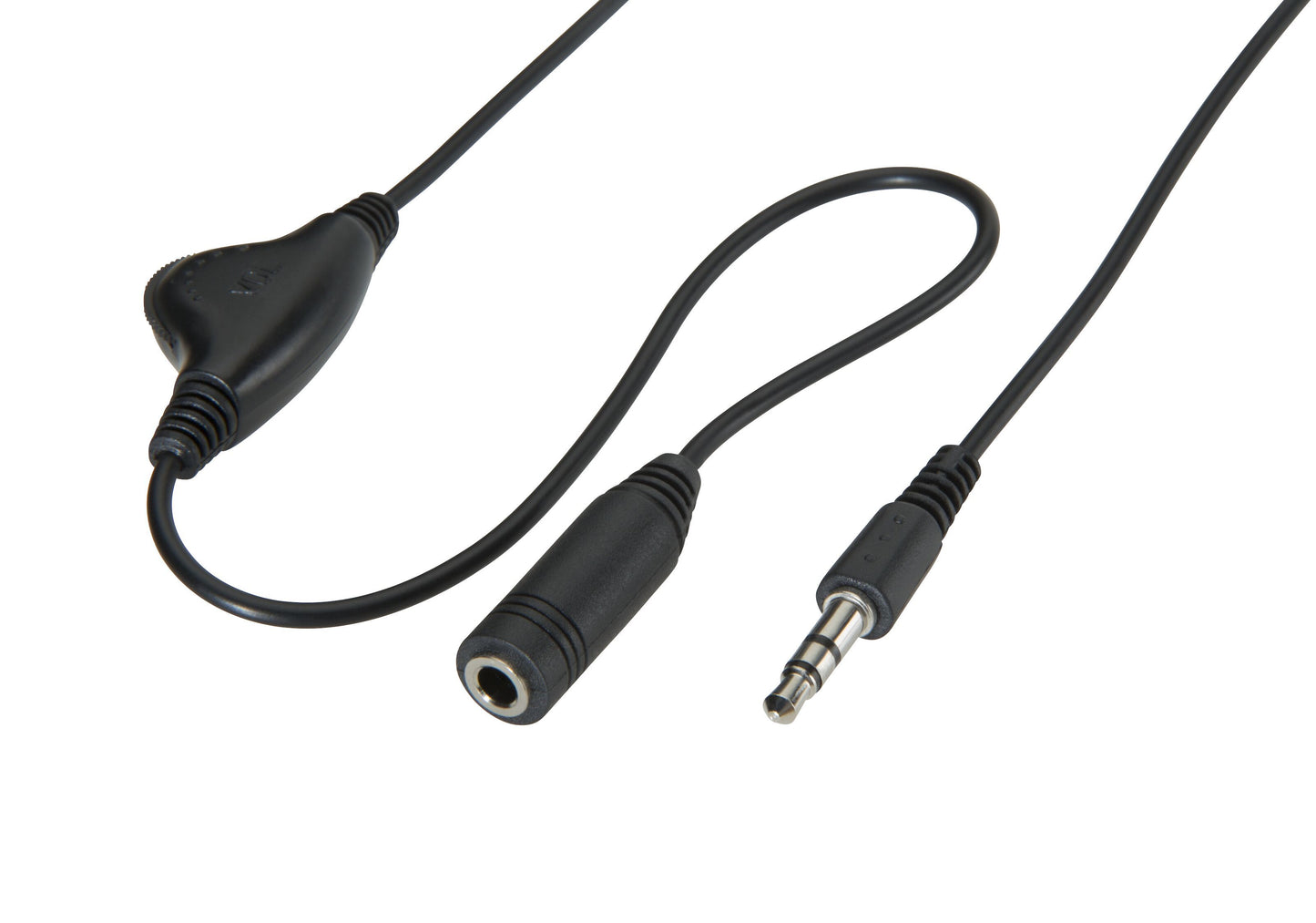 Nedis hovedtelefonforlængerledning sort med 3,5 mm han-til-hun-stik og indbygget analog volumenkontrol.