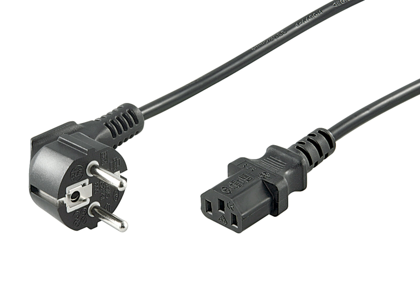 Apparatkabel C13, 10 m, sort, to-benet europæisk stik og IEC C13 hanstik.