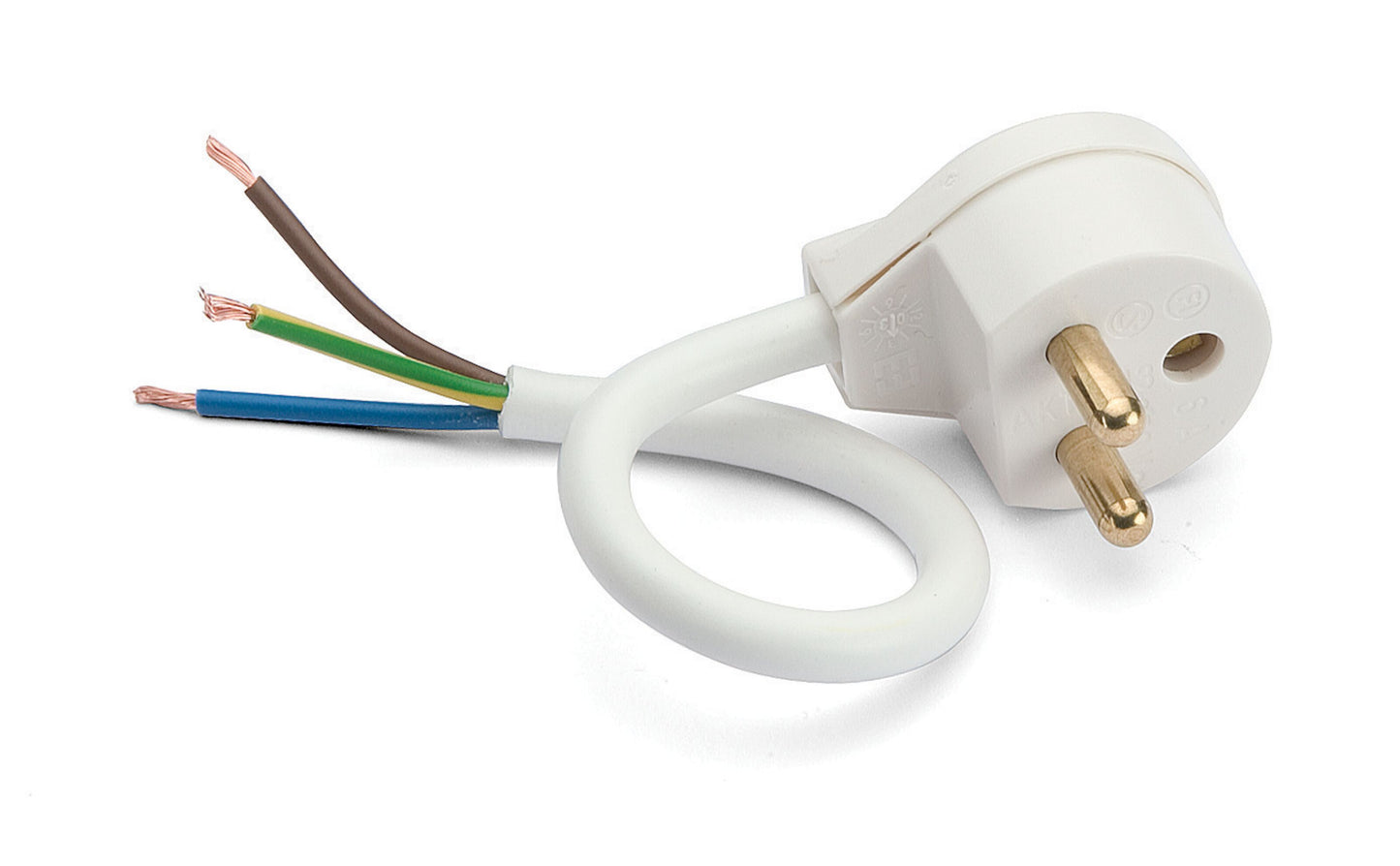 Lampestik med ledning, jordet, Europæisk stik, brune/blå/grøn-gule ledere synlige, til lampeinstallation.