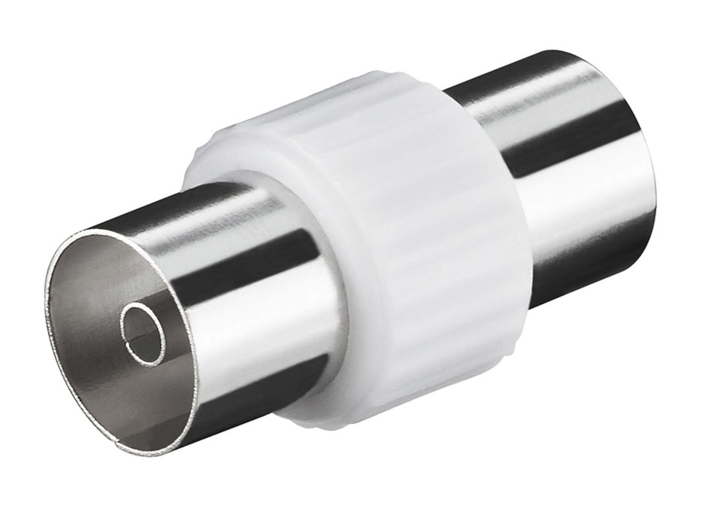 Dobbelt hun antennestik koaksial adapter med blanke kalendere og hvidt plastikcenter.