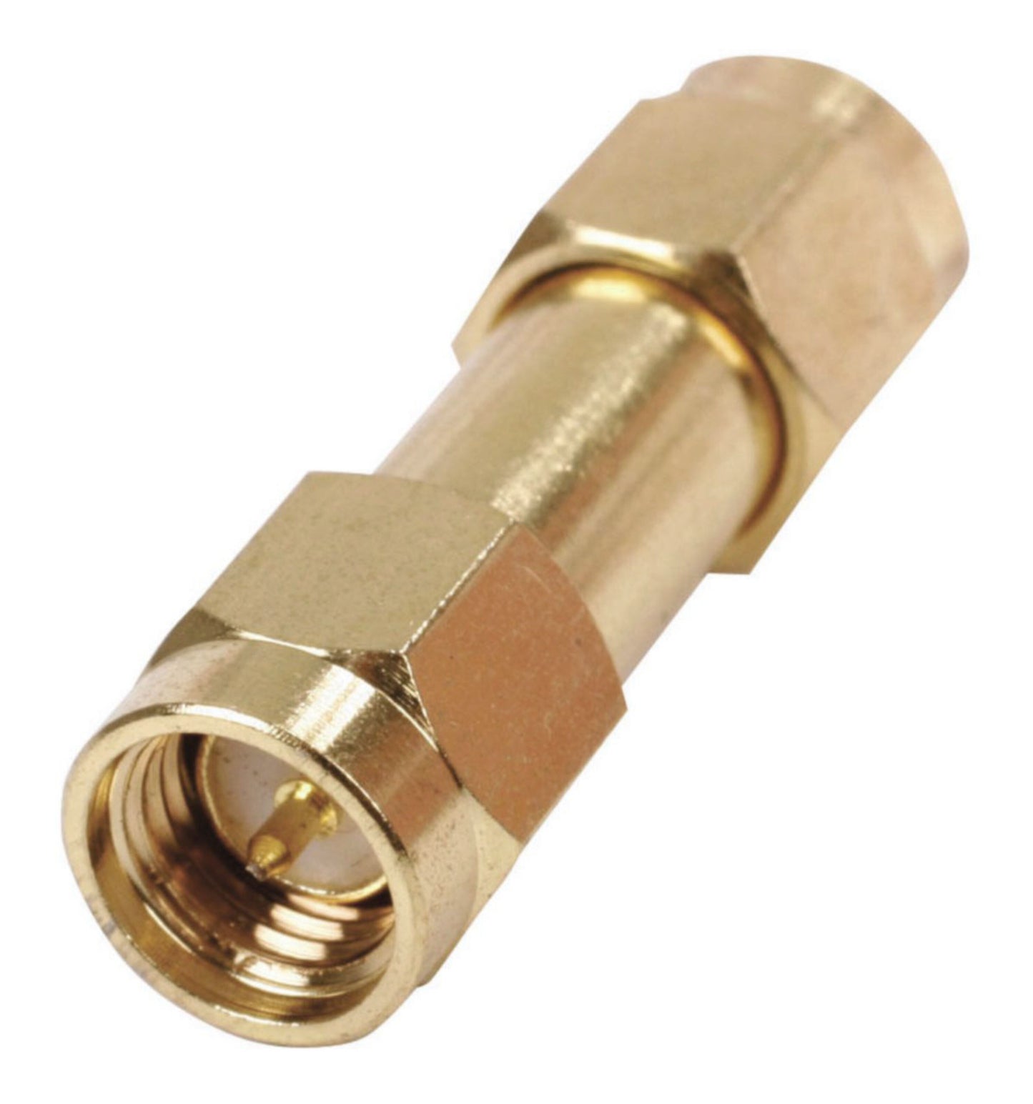 SMA dobbelt han stik, guld farve, koaksial adapter med sekskantede ender og centerpin til kabler eller WLAN antenne.